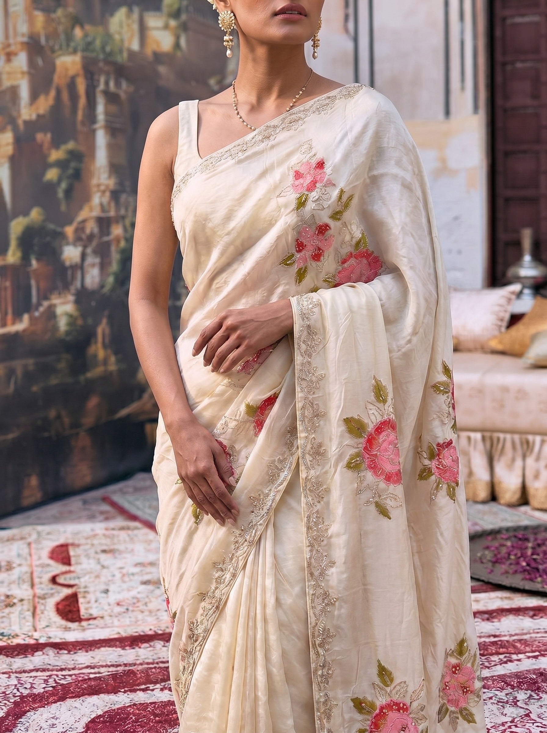 White Digital Print Tissue Saree