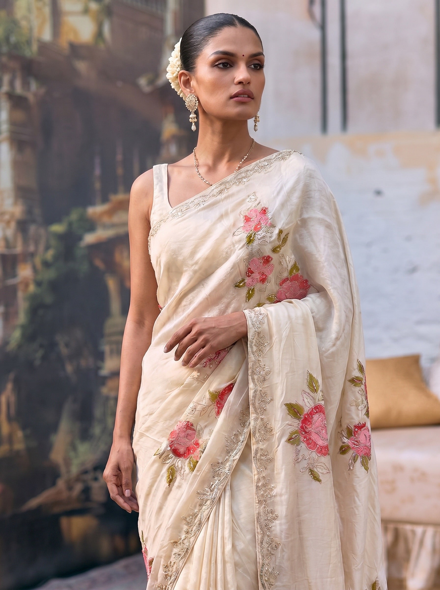 White Digital Print Tissue Saree