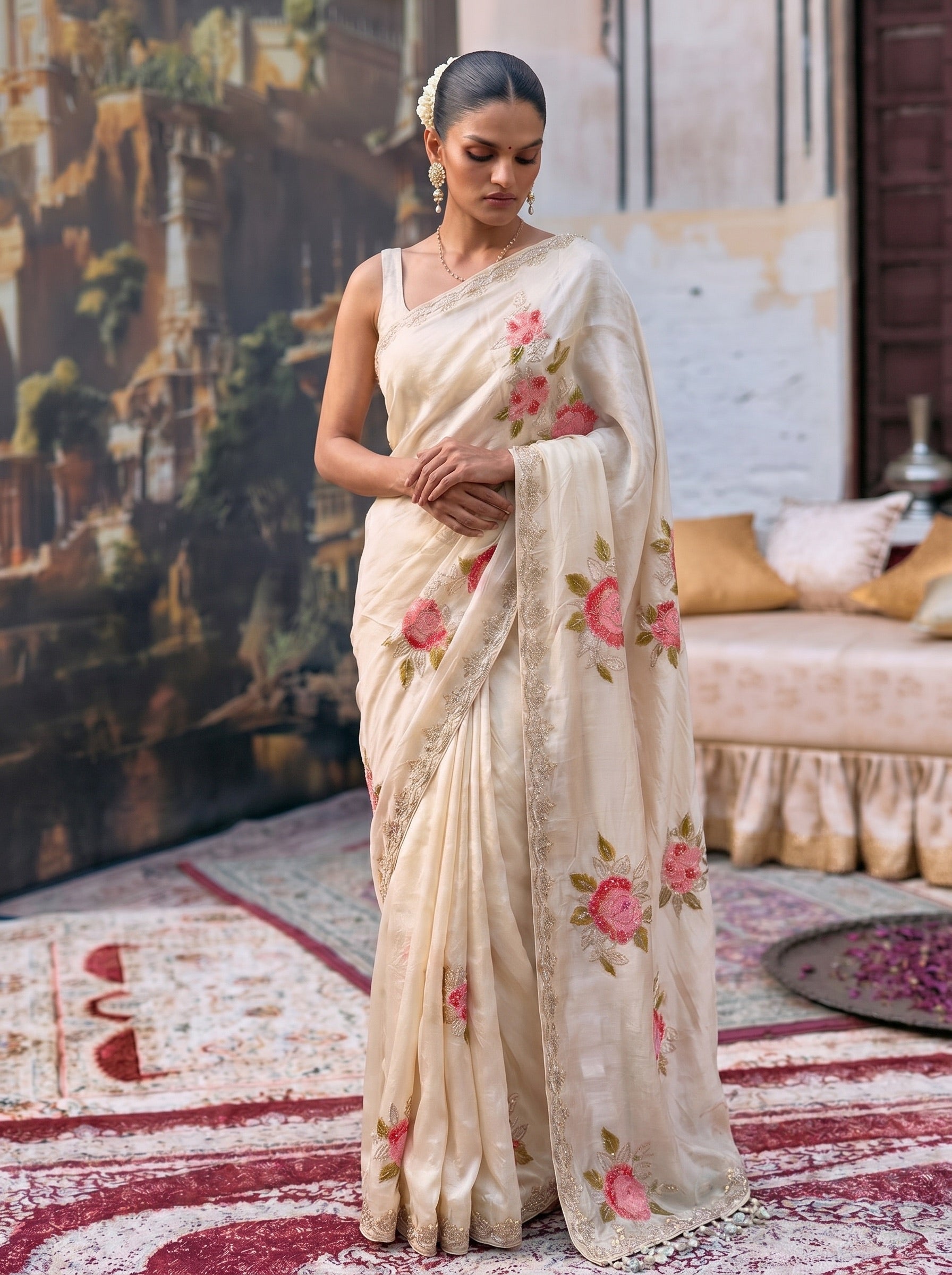 White Digital Print Tissue Saree