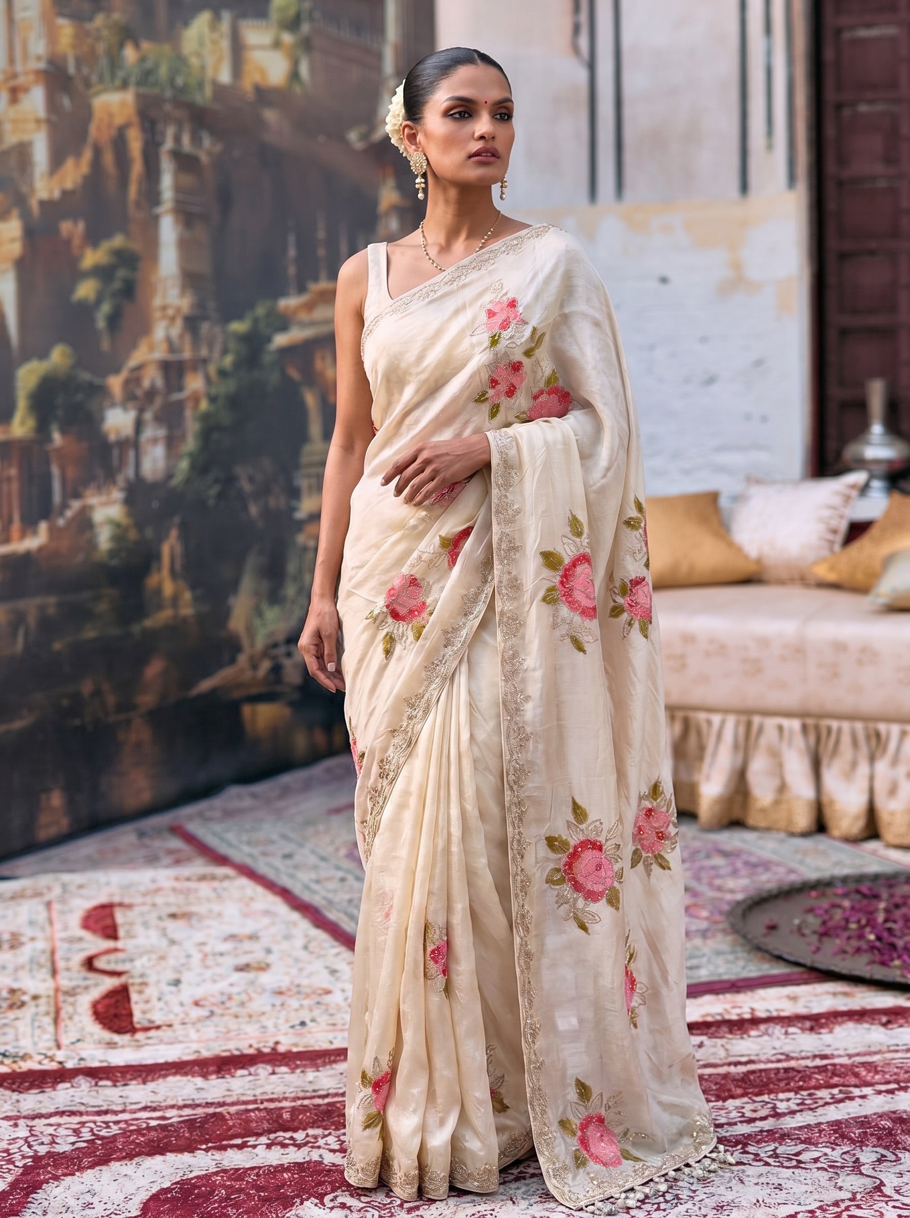 White Digital Print Tissue Saree