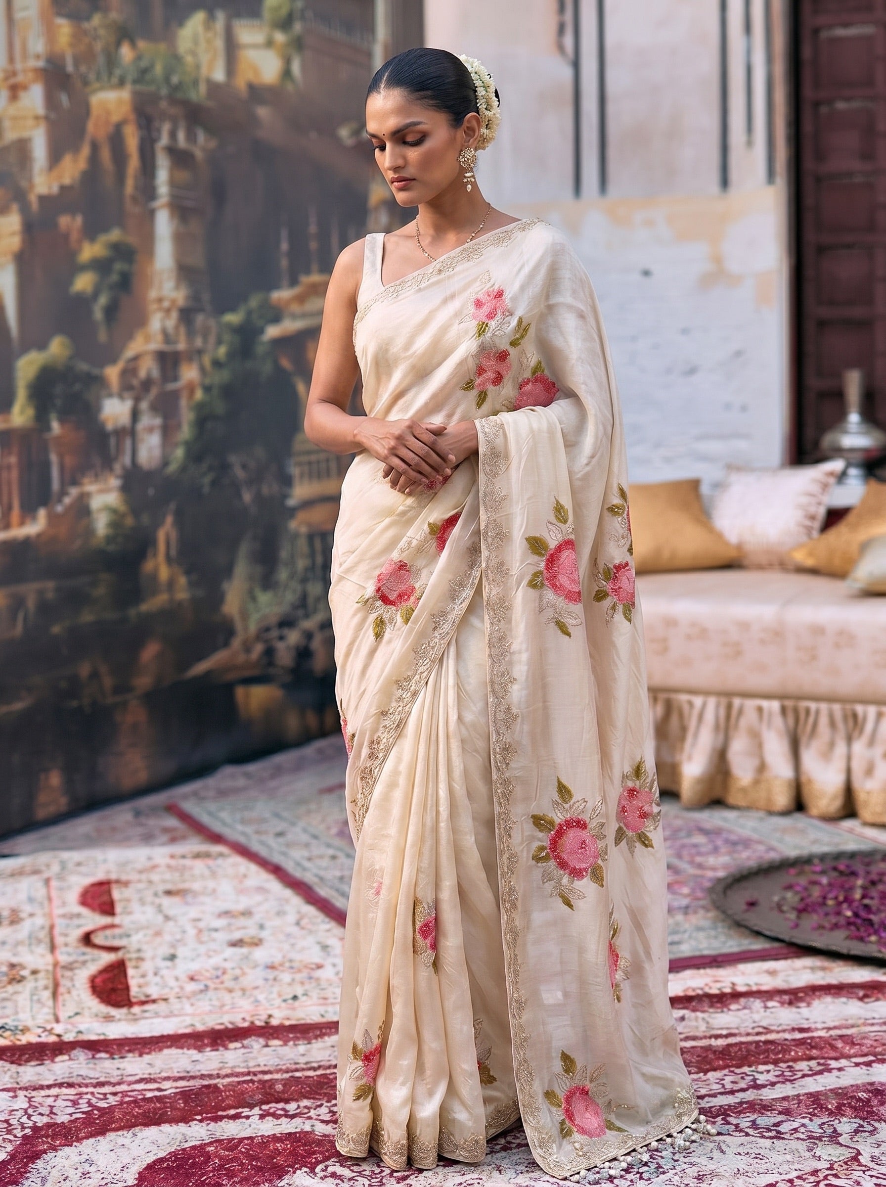 White Digital Print Tissue Saree