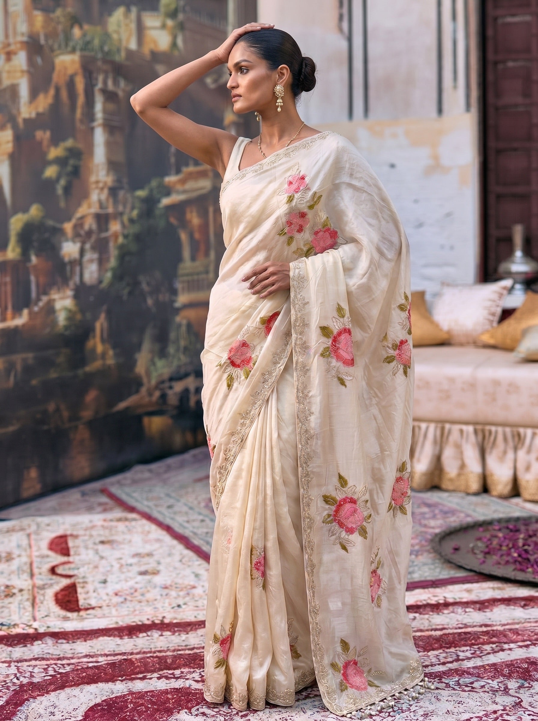 White Digital Print Tissue Saree