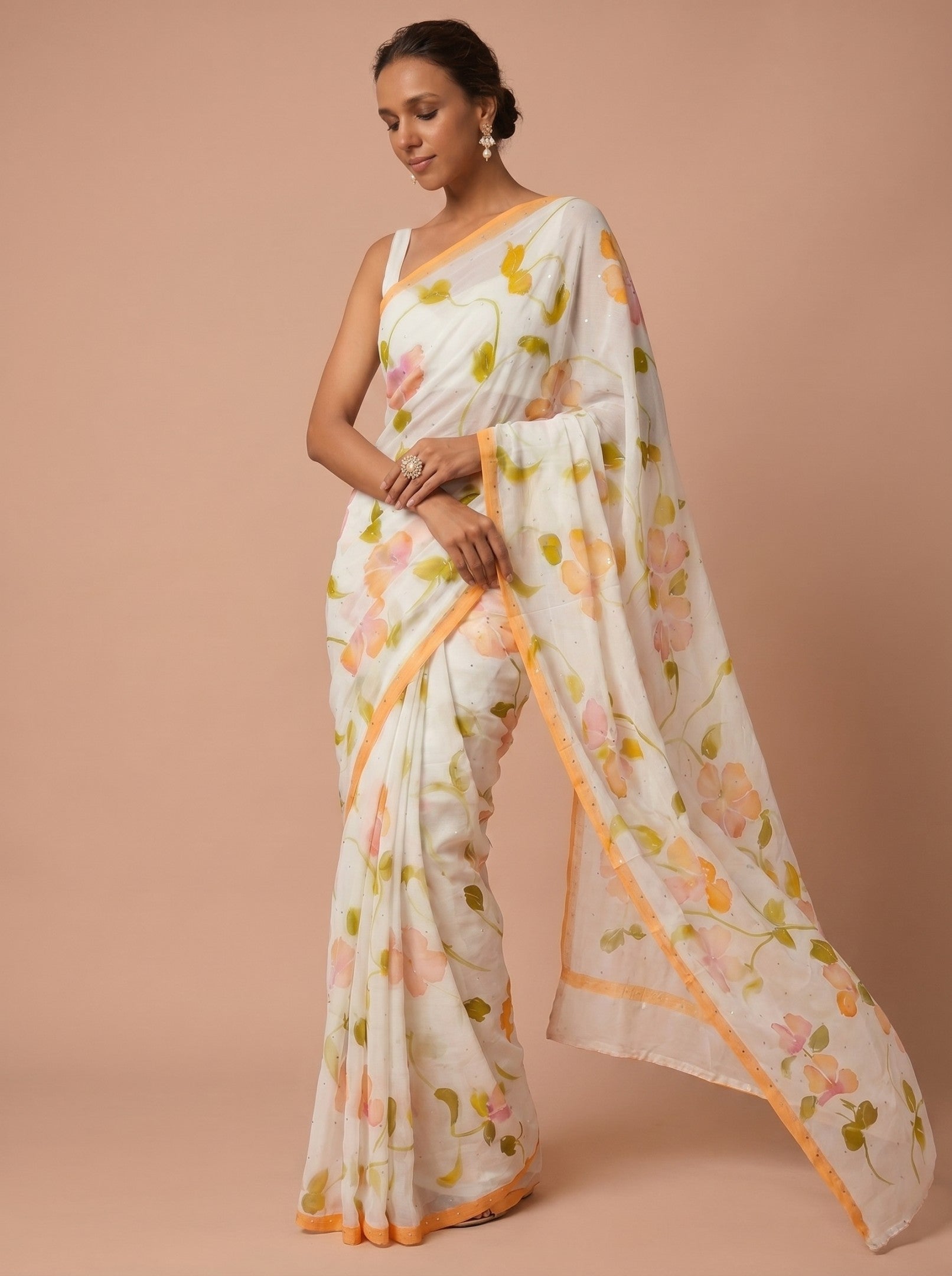 White & Lemon Hand Painted Chiffon Saree