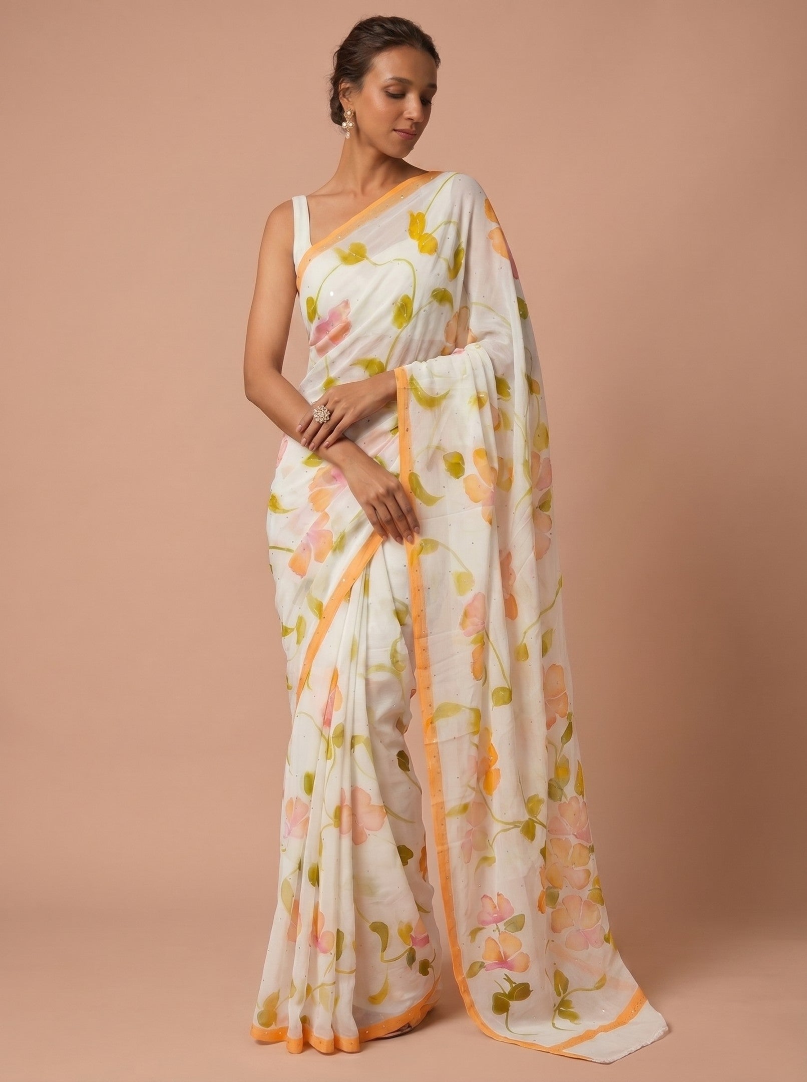 White & Lemon Hand Painted Chiffon Saree