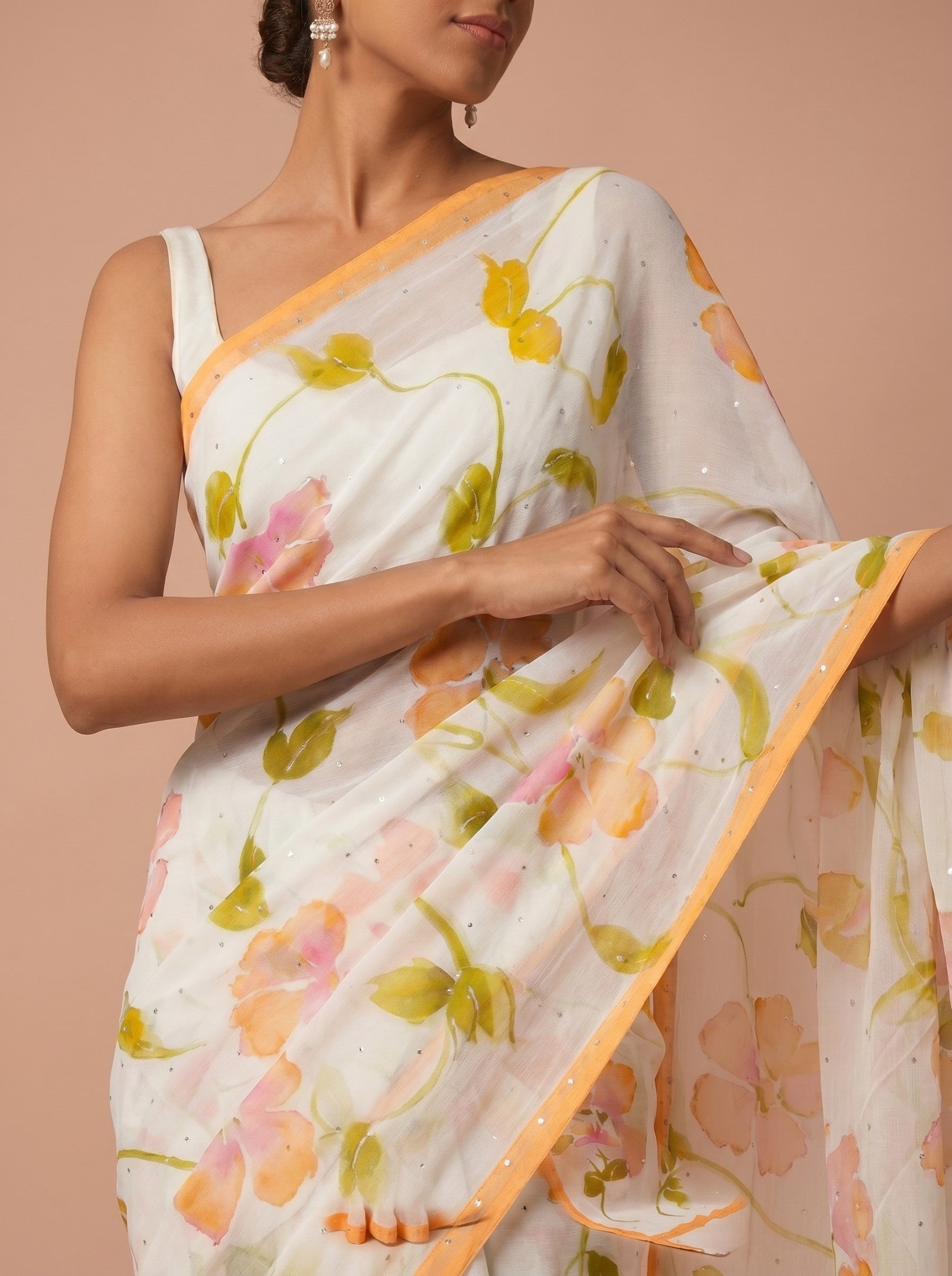 White & Lemon Hand Painted Chiffon Saree