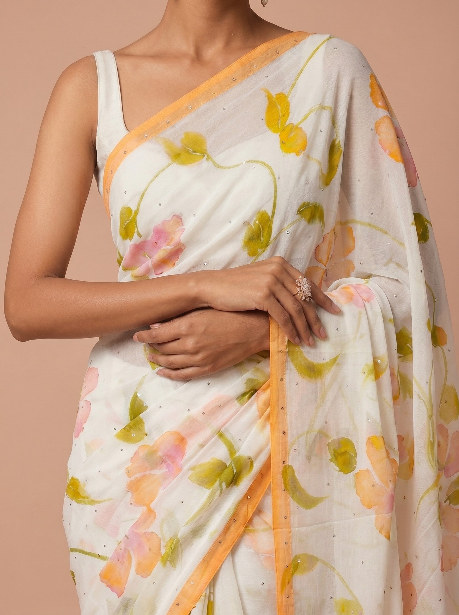 White & Lemon Hand Painted Chiffon Saree