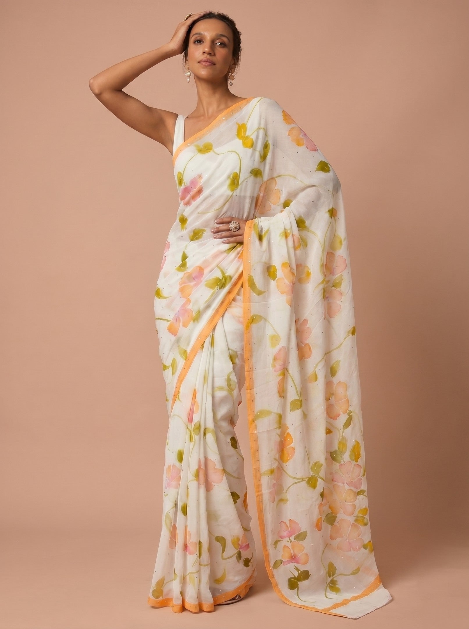 White & Lemon Hand Painted Chiffon Saree