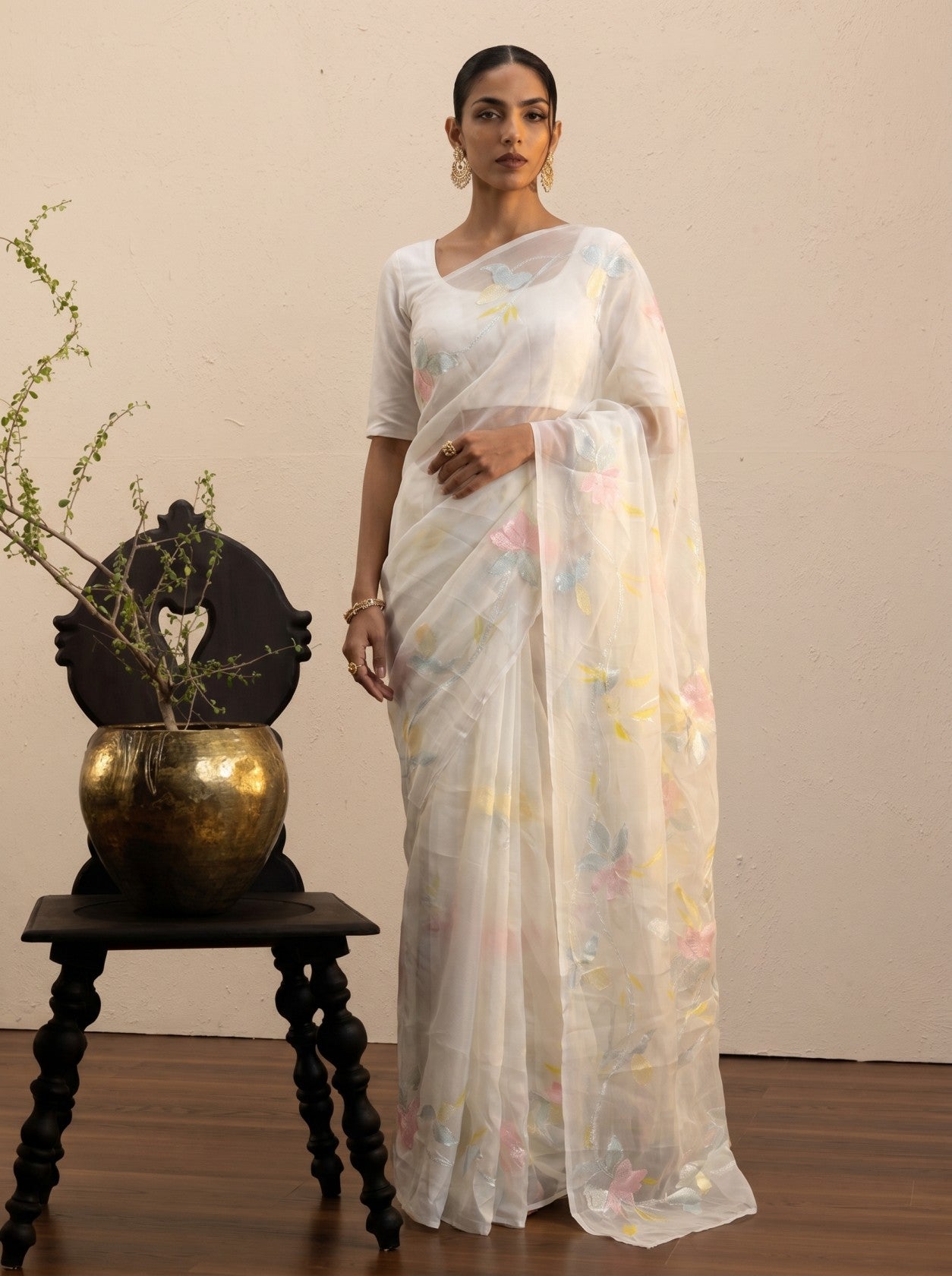 White Floral Thread Work Saree