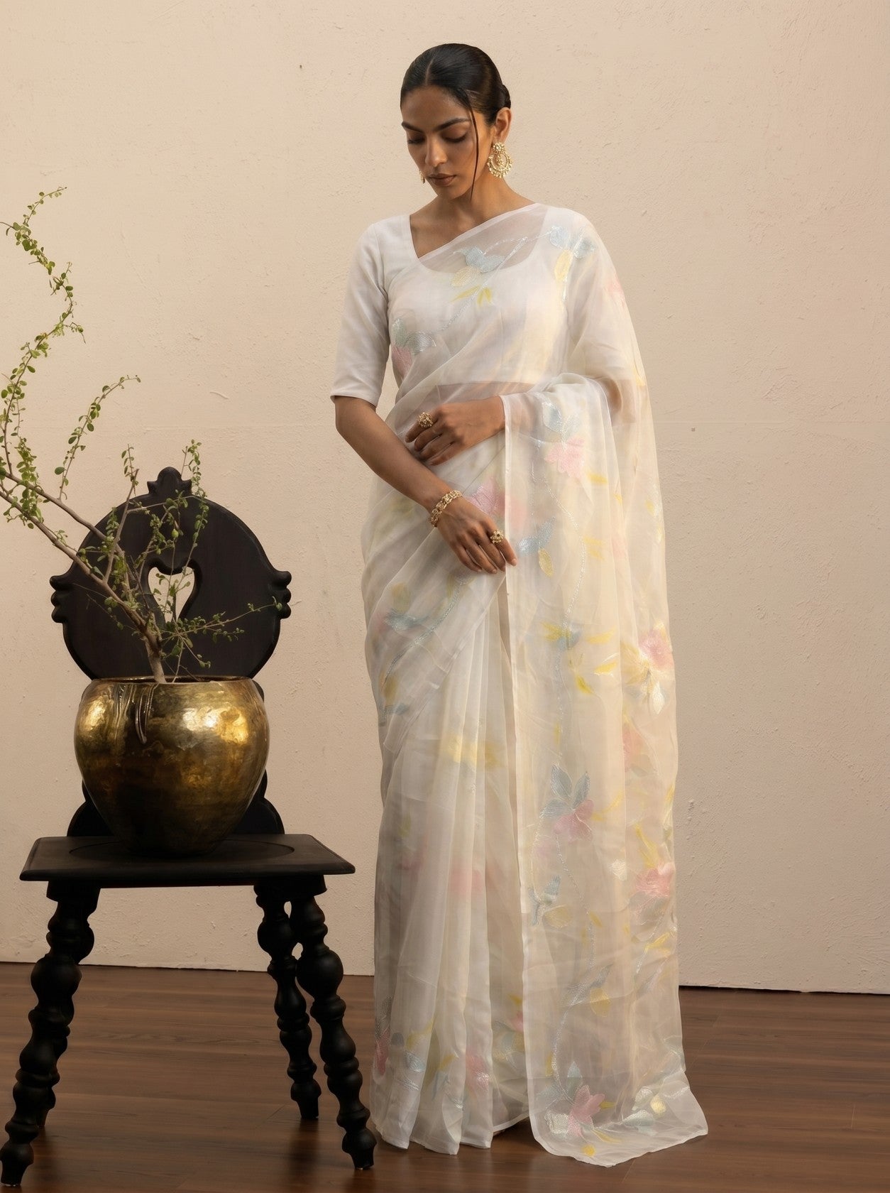 White Floral Thread Work Saree