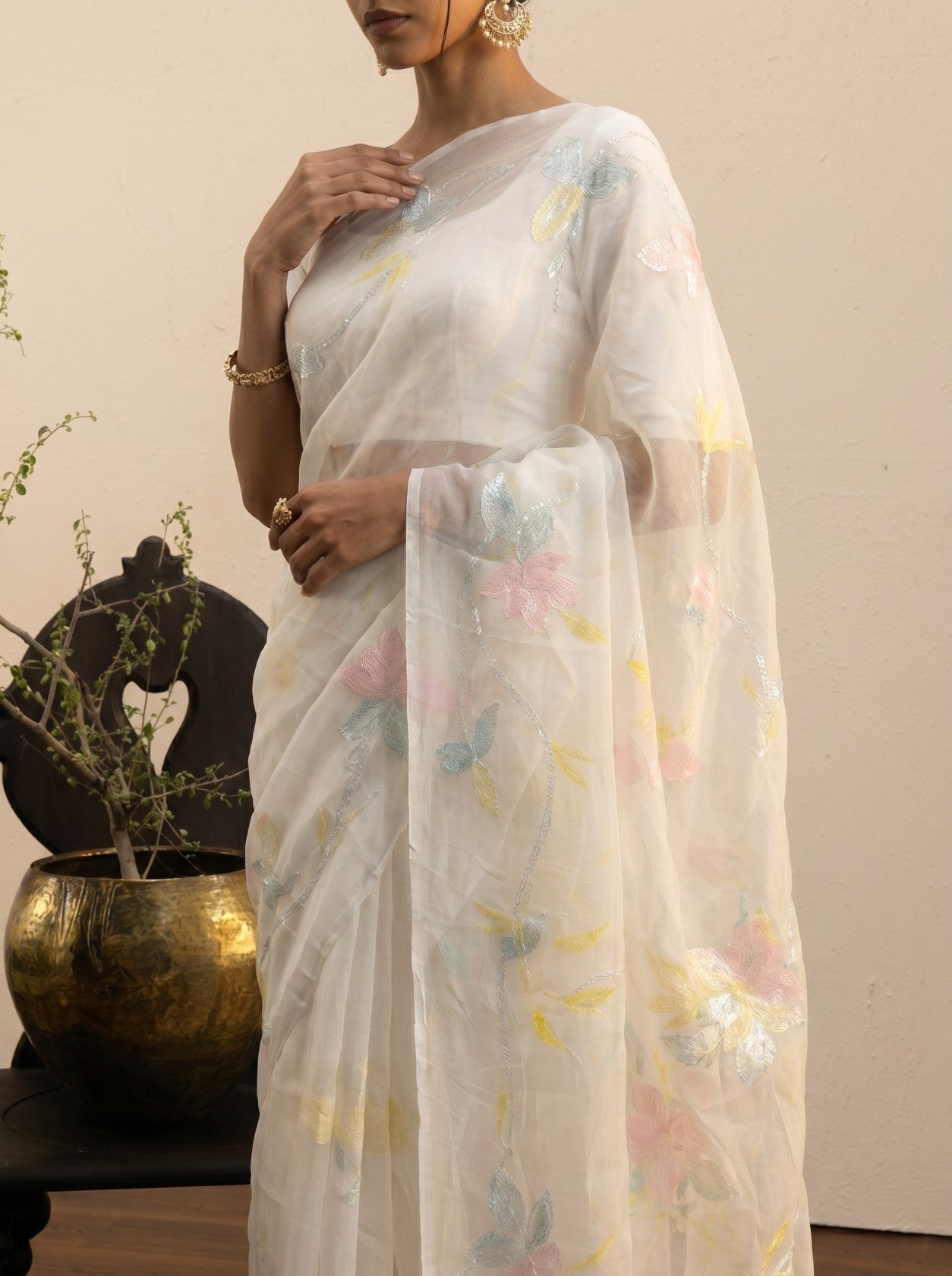 White Floral Thread Work Saree