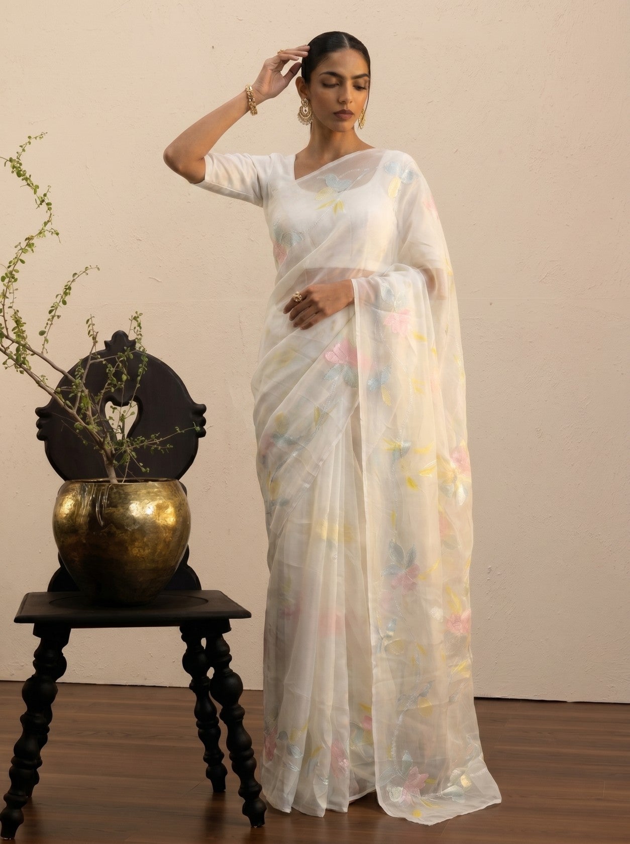 White Floral Thread Work Saree