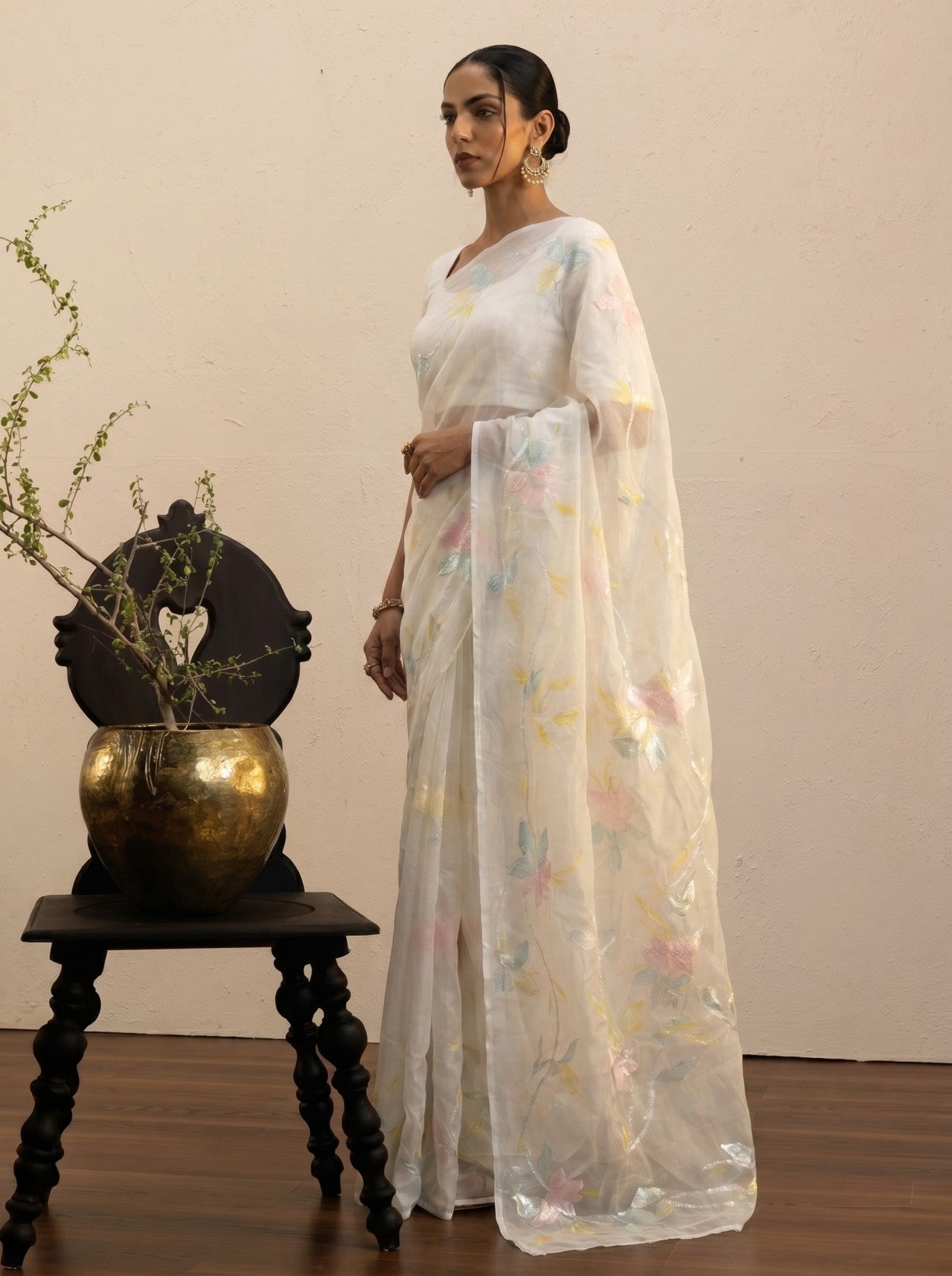 White Floral Thread Work Saree