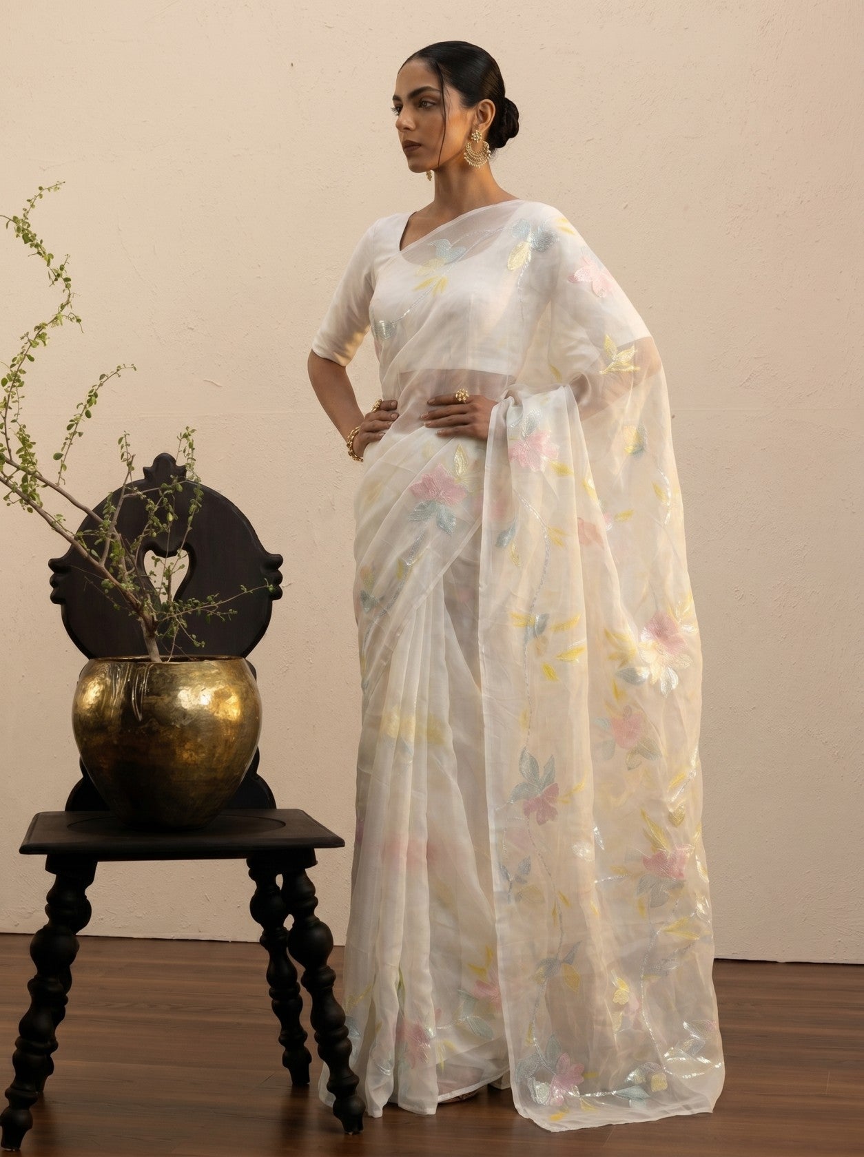 White Floral Thread Work Saree
