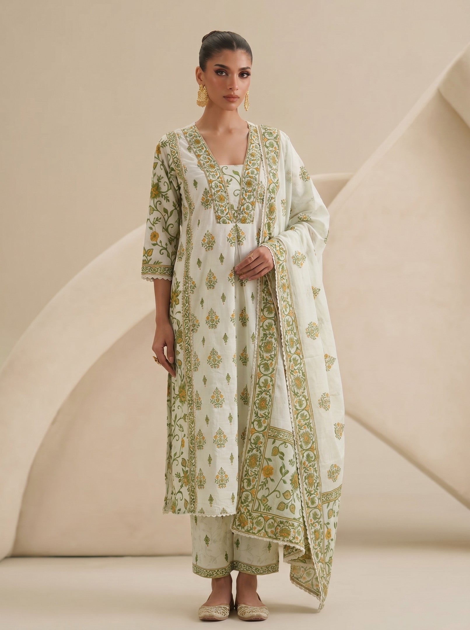 White Printed Cotton Suit Set With Dupatta
