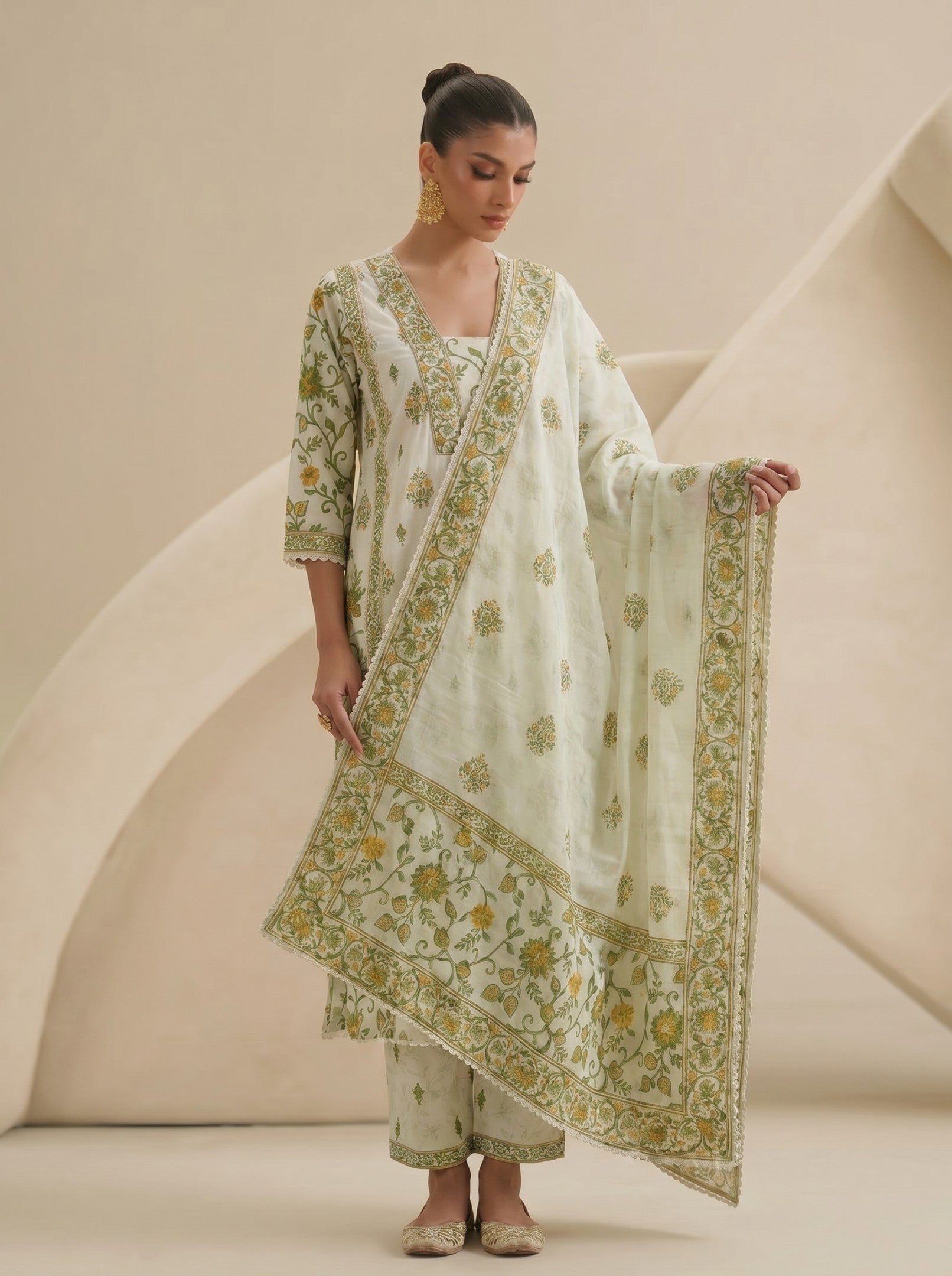 White Printed Cotton Suit Set With Dupatta
