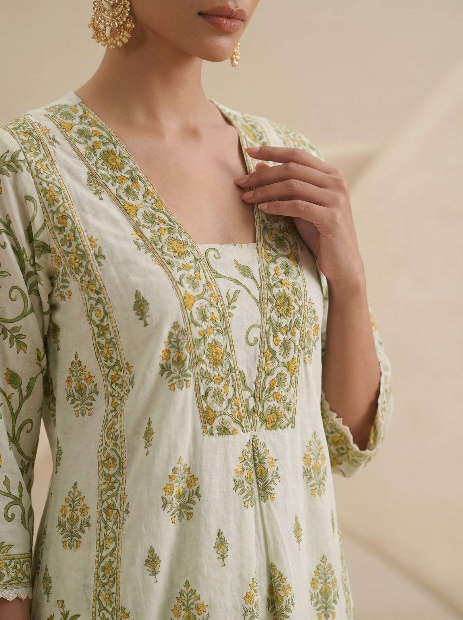 White Printed Cotton Suit Set With Dupatta