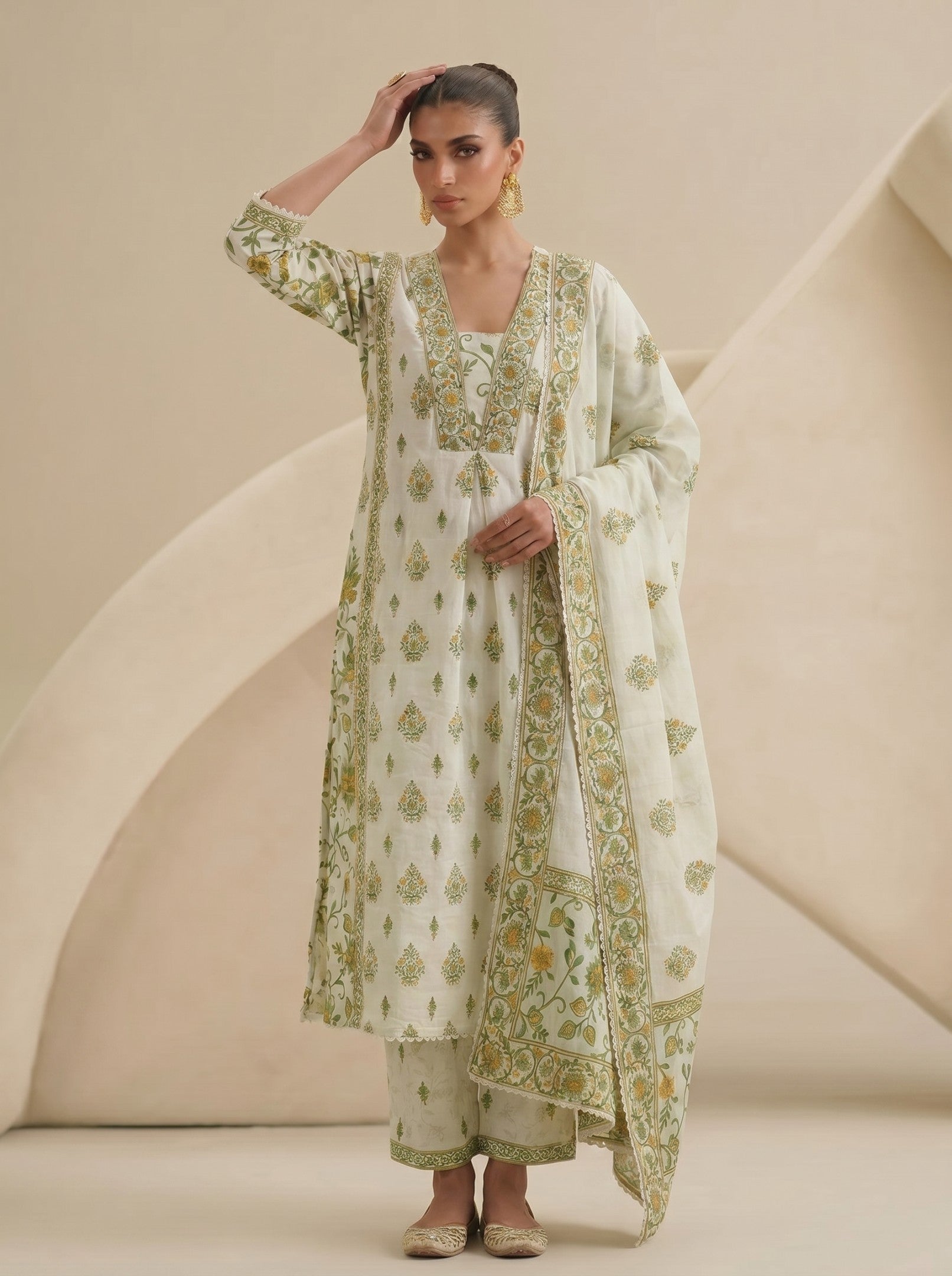 White Printed Cotton Suit Set With Dupatta