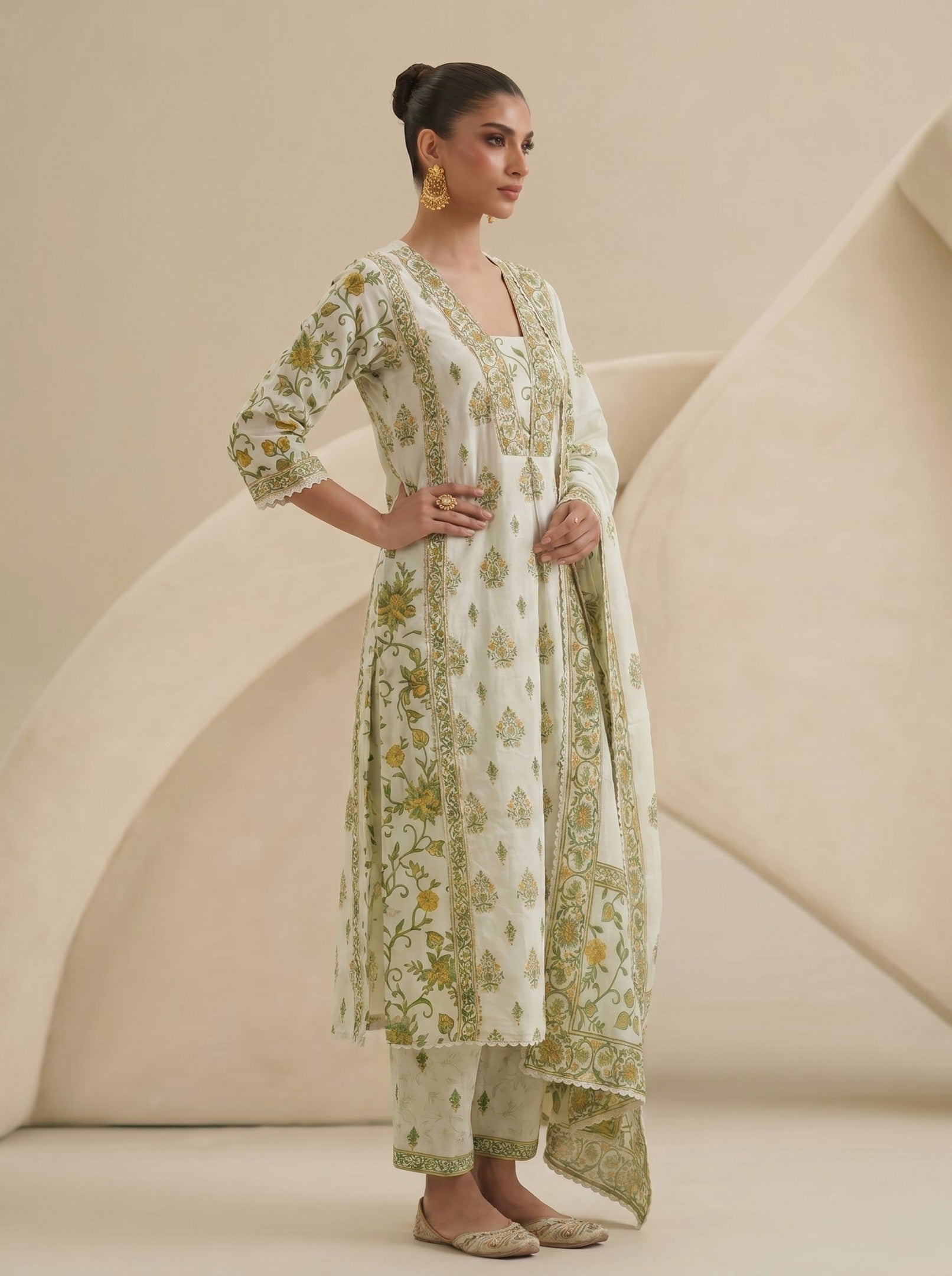 White Printed Cotton Suit Set With Dupatta
