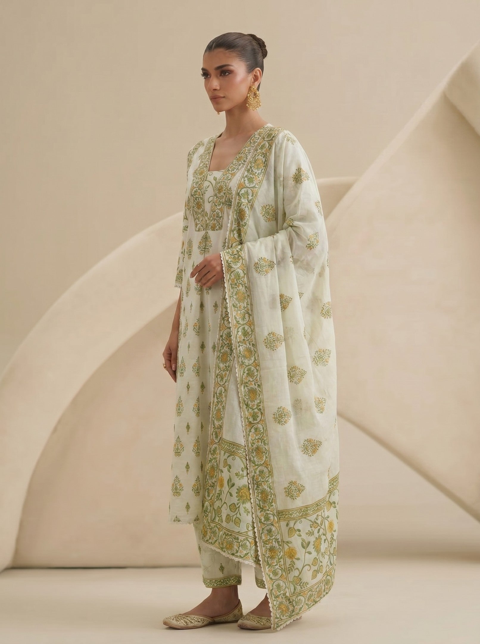 White Printed Cotton Suit Set With Dupatta