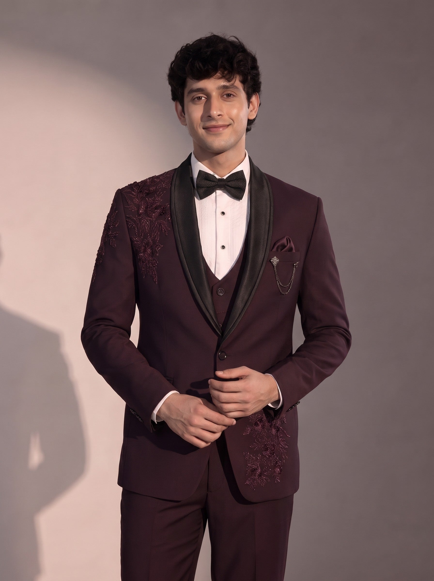 Wine floral embellished tuxedo suit for men - close-up of lapel and detailing