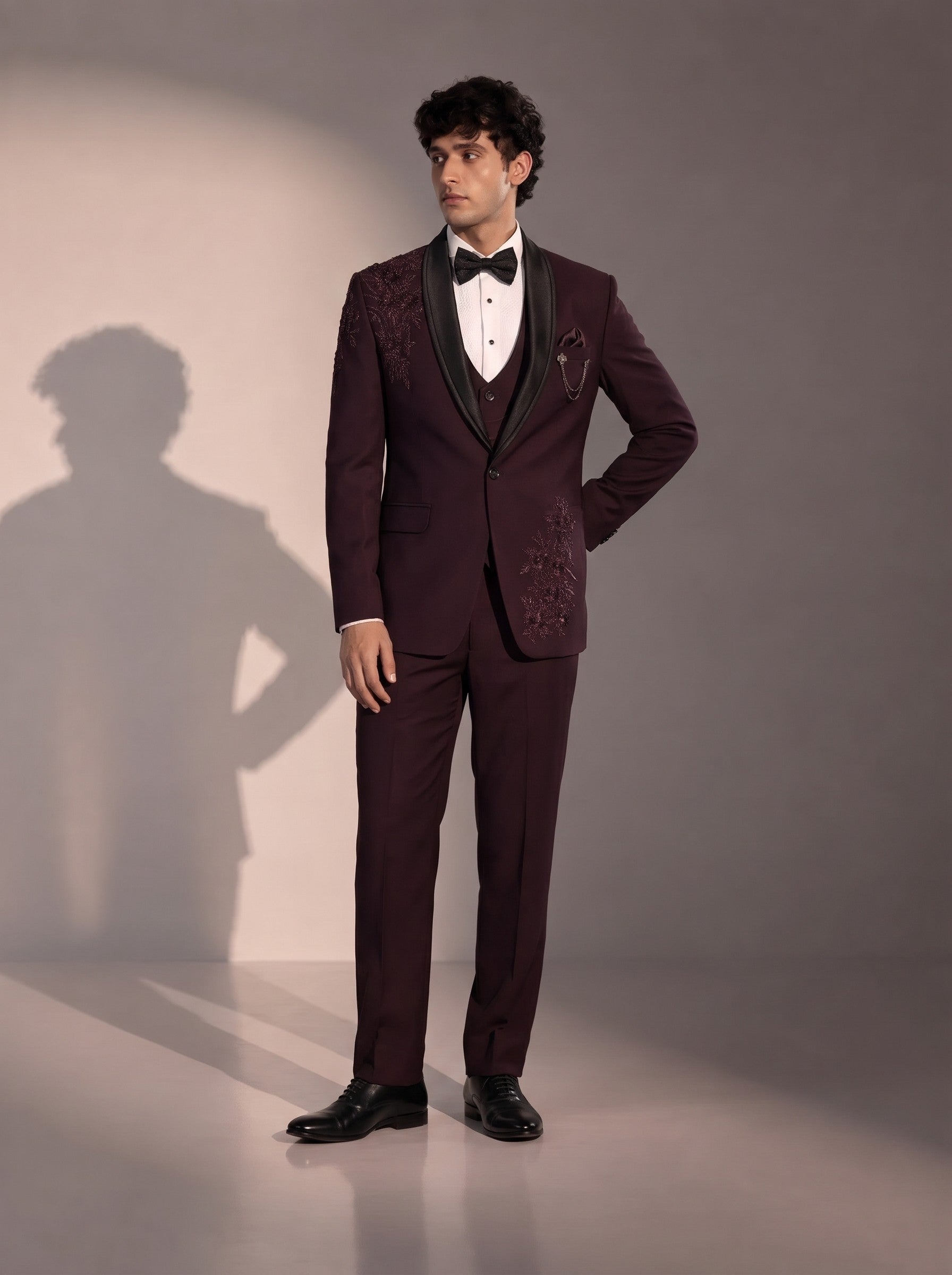 Wine floral embellished tuxedo suit for men - front view