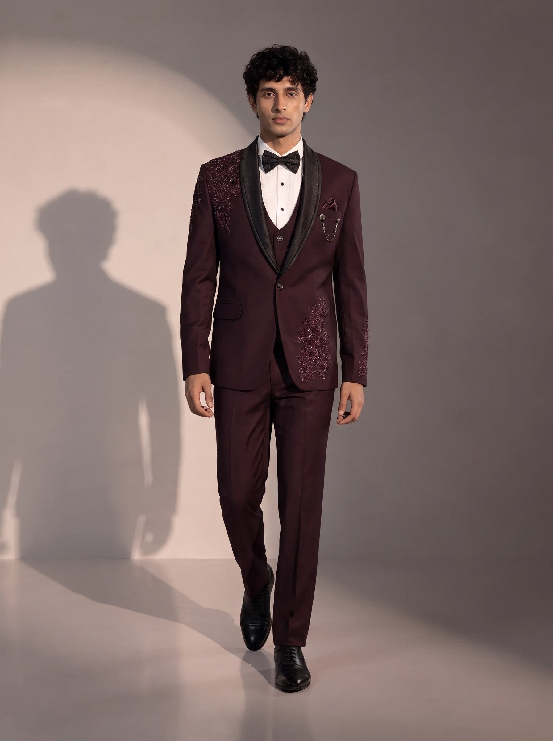 Wine floral embellished tuxedo suit for men - full look