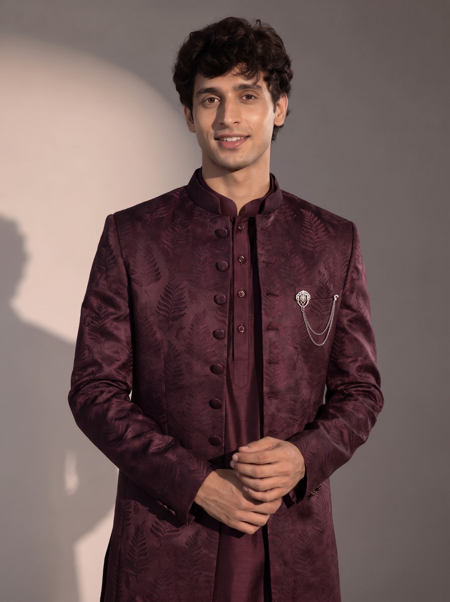 Wine jacquard silk indowestern for men - close-up of collar and embroidery