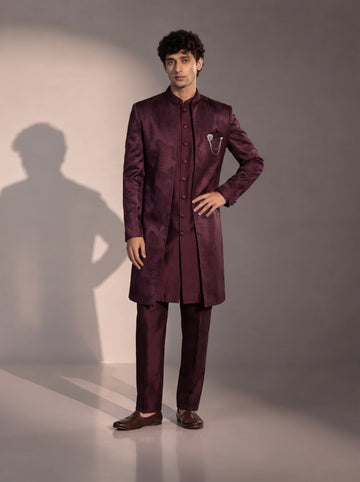 Wine Jacquard Silk Indowestern For Men