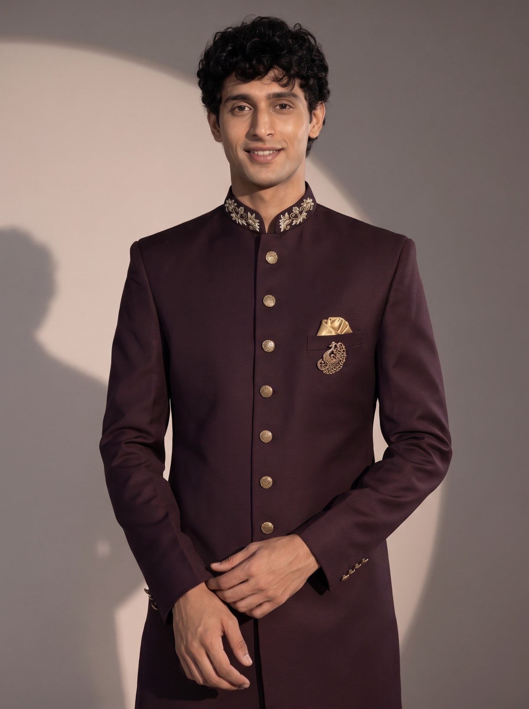 Wine silk indowestern for men - close-up of collar and embroidery