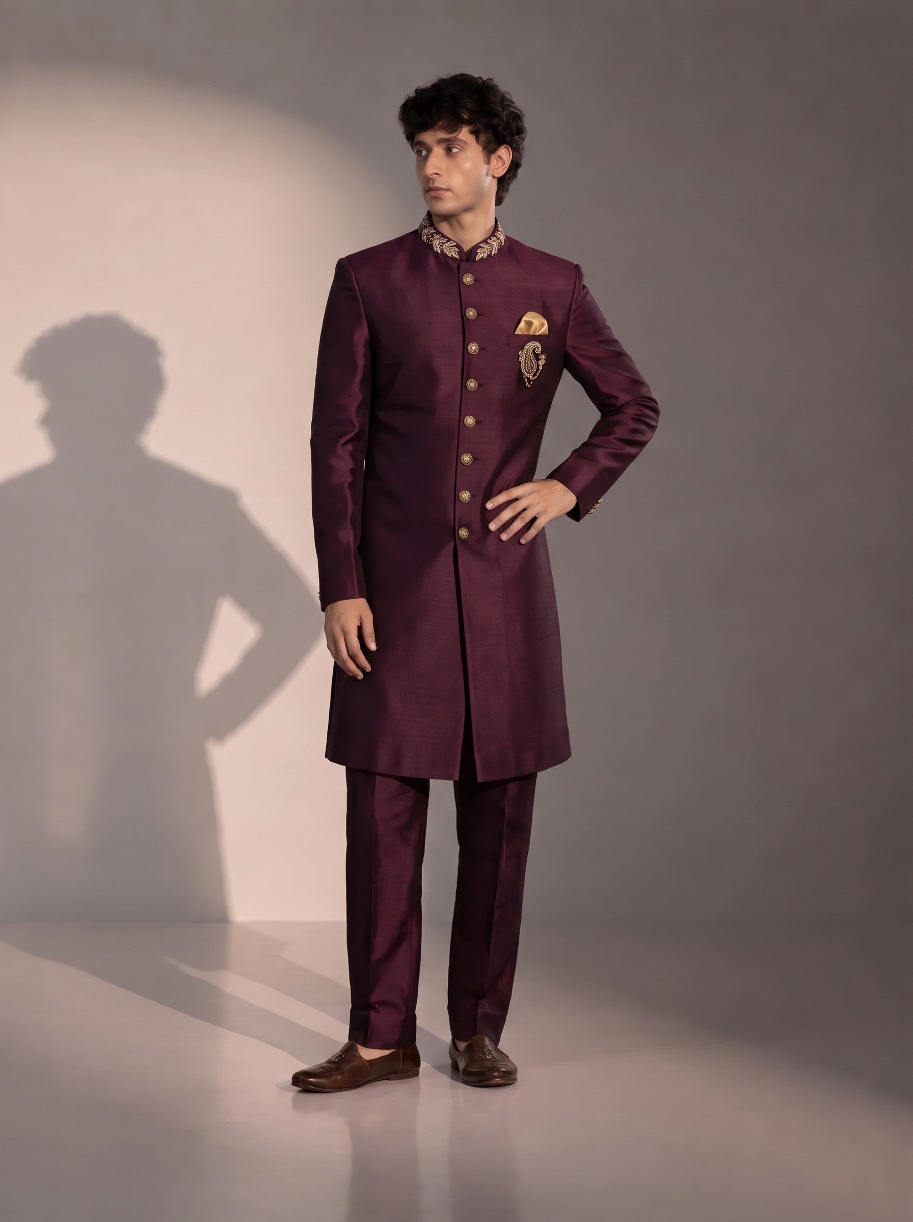 Wine silk indowestern for men - front view