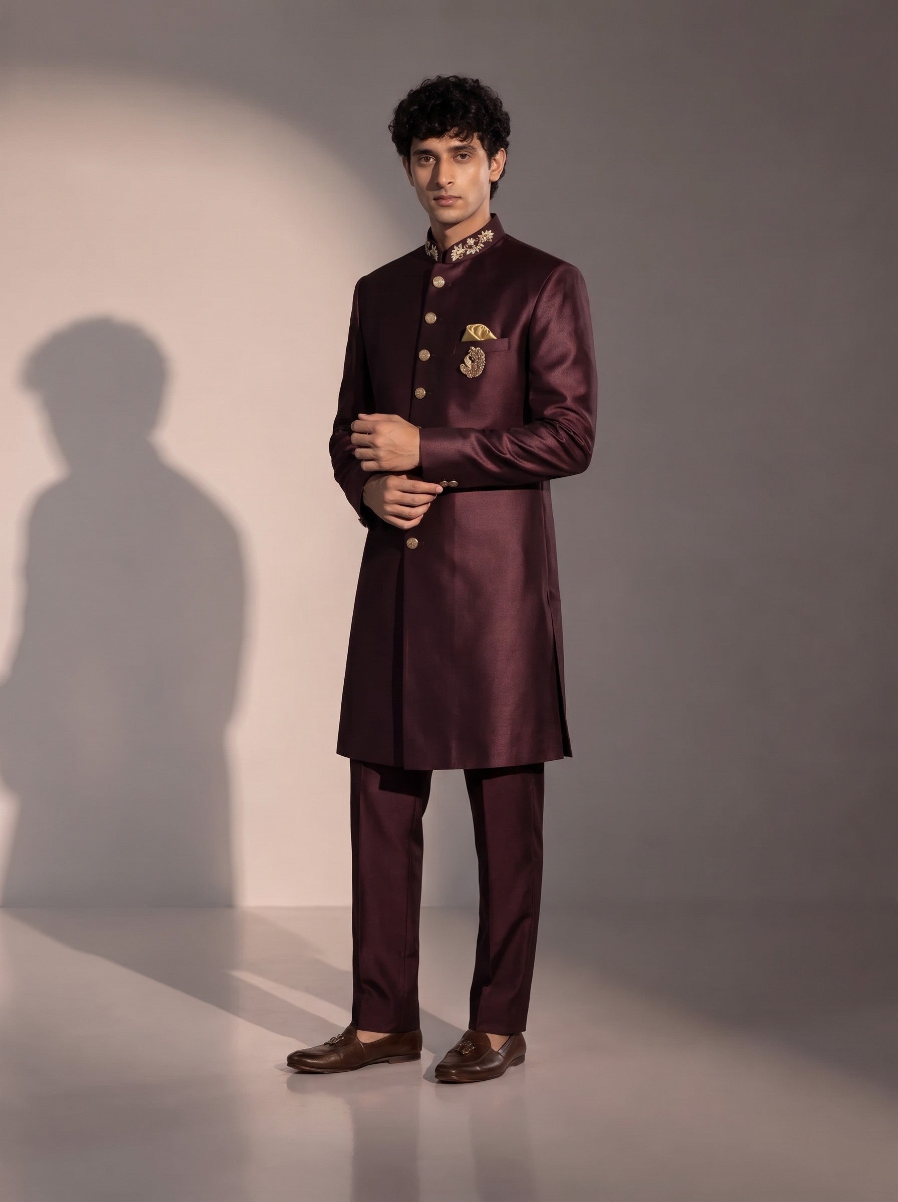 Wine silk indowestern for men - three-quarter view