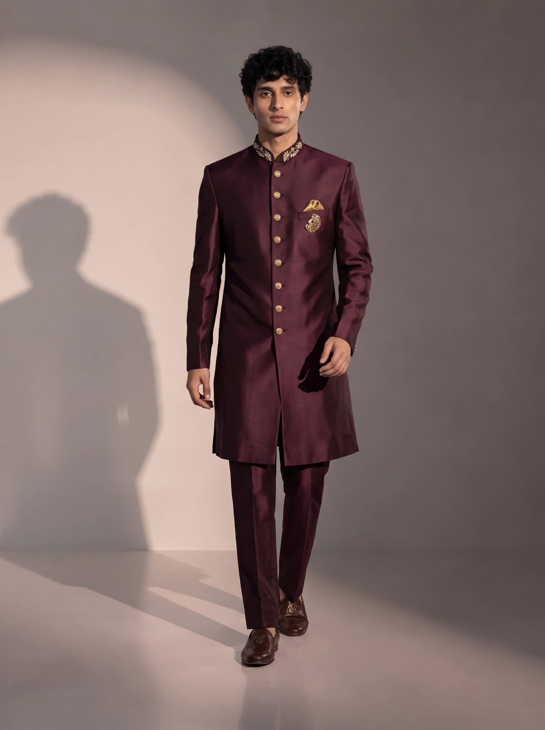 Wine silk indowestern for men - full look