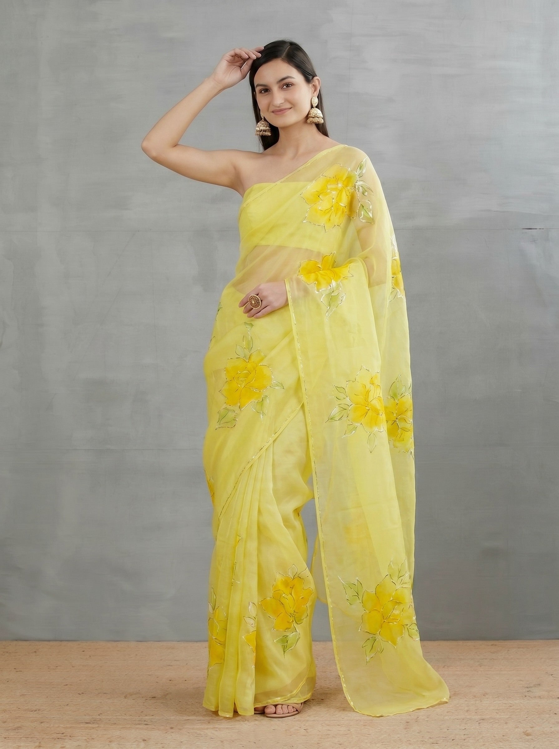 Yellow Floral Chiffon Hand Painted Saree