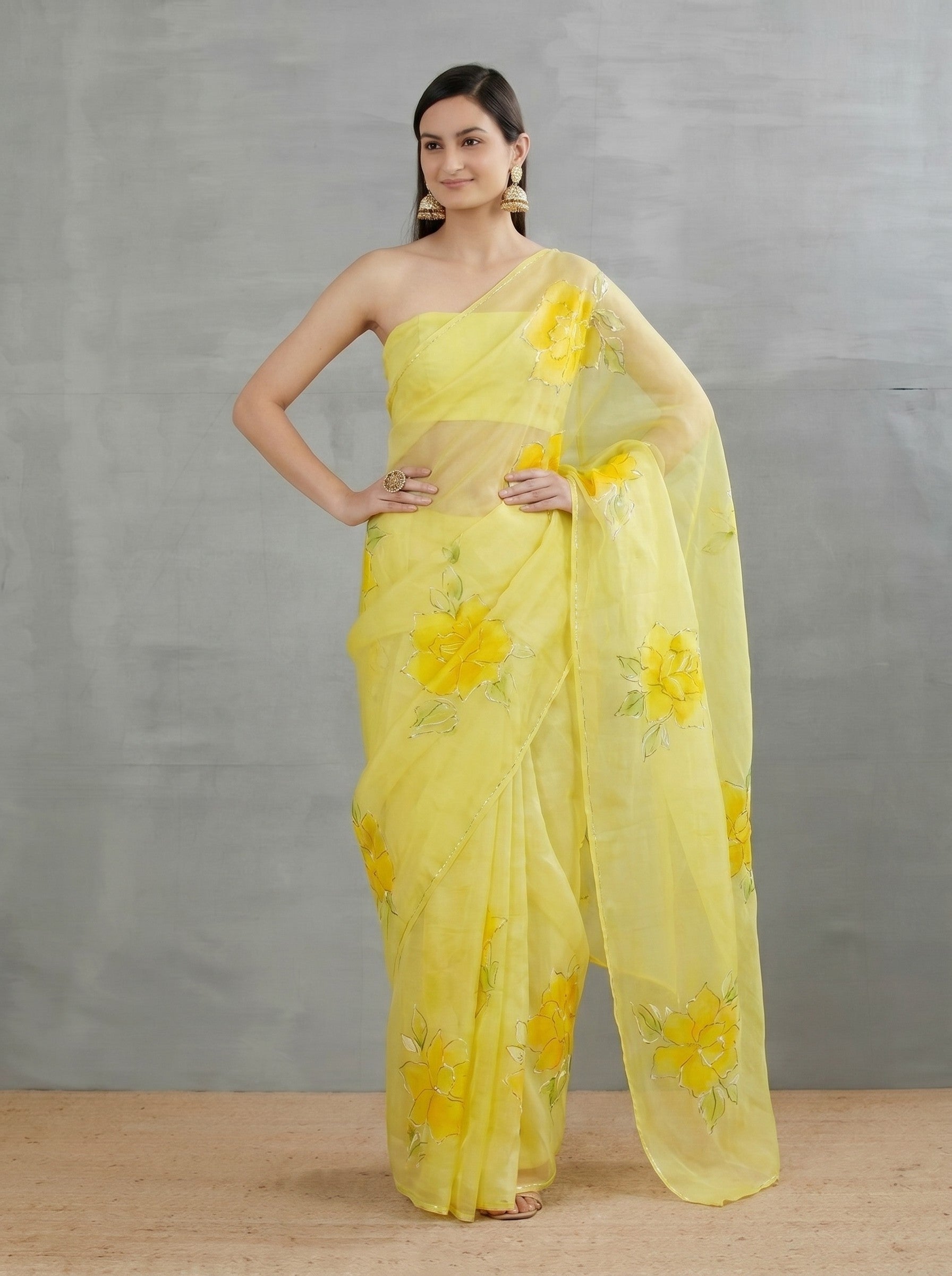 Yellow Floral Chiffon Hand Painted Saree