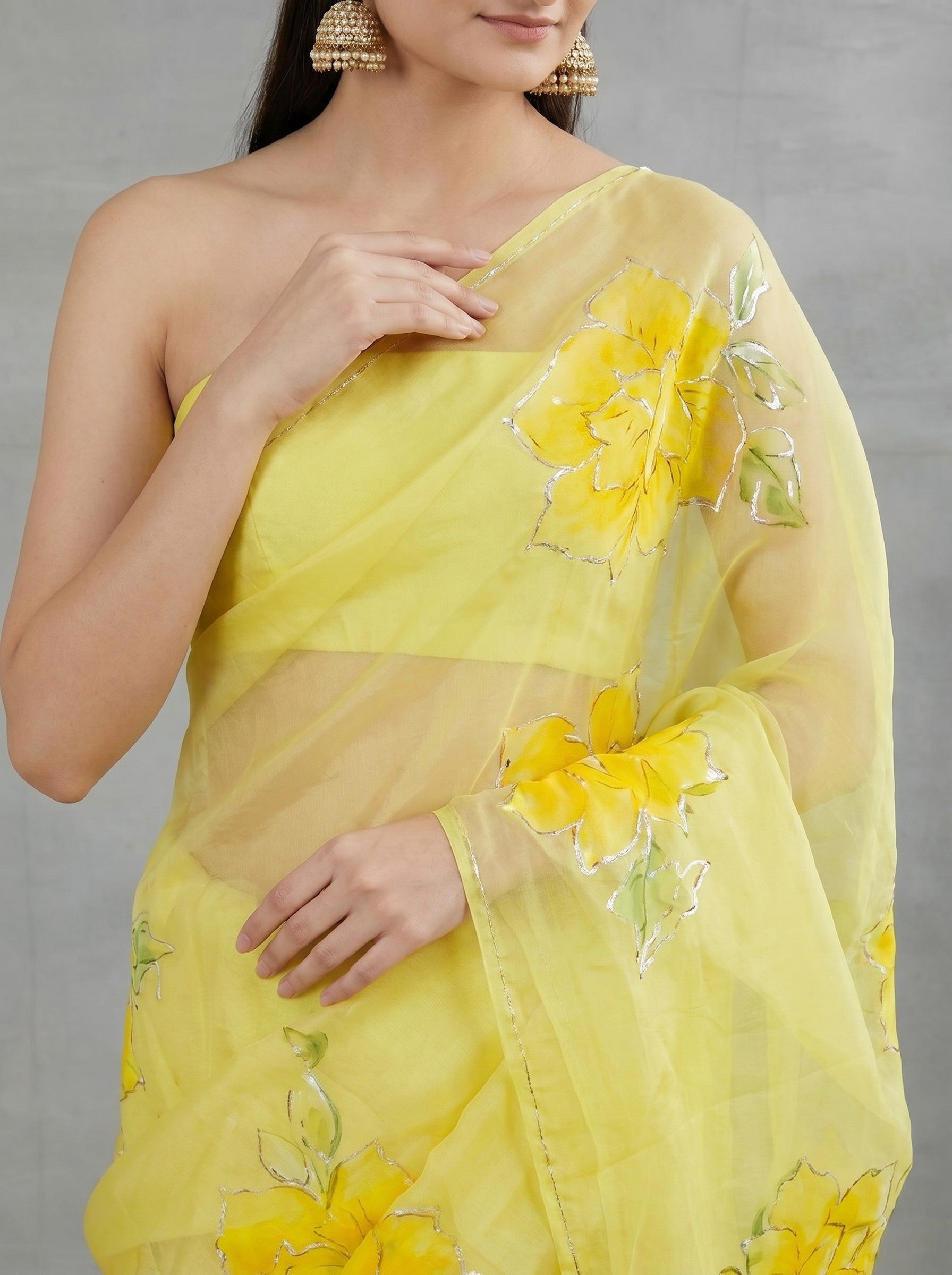 Yellow Floral Chiffon Hand Painted Saree