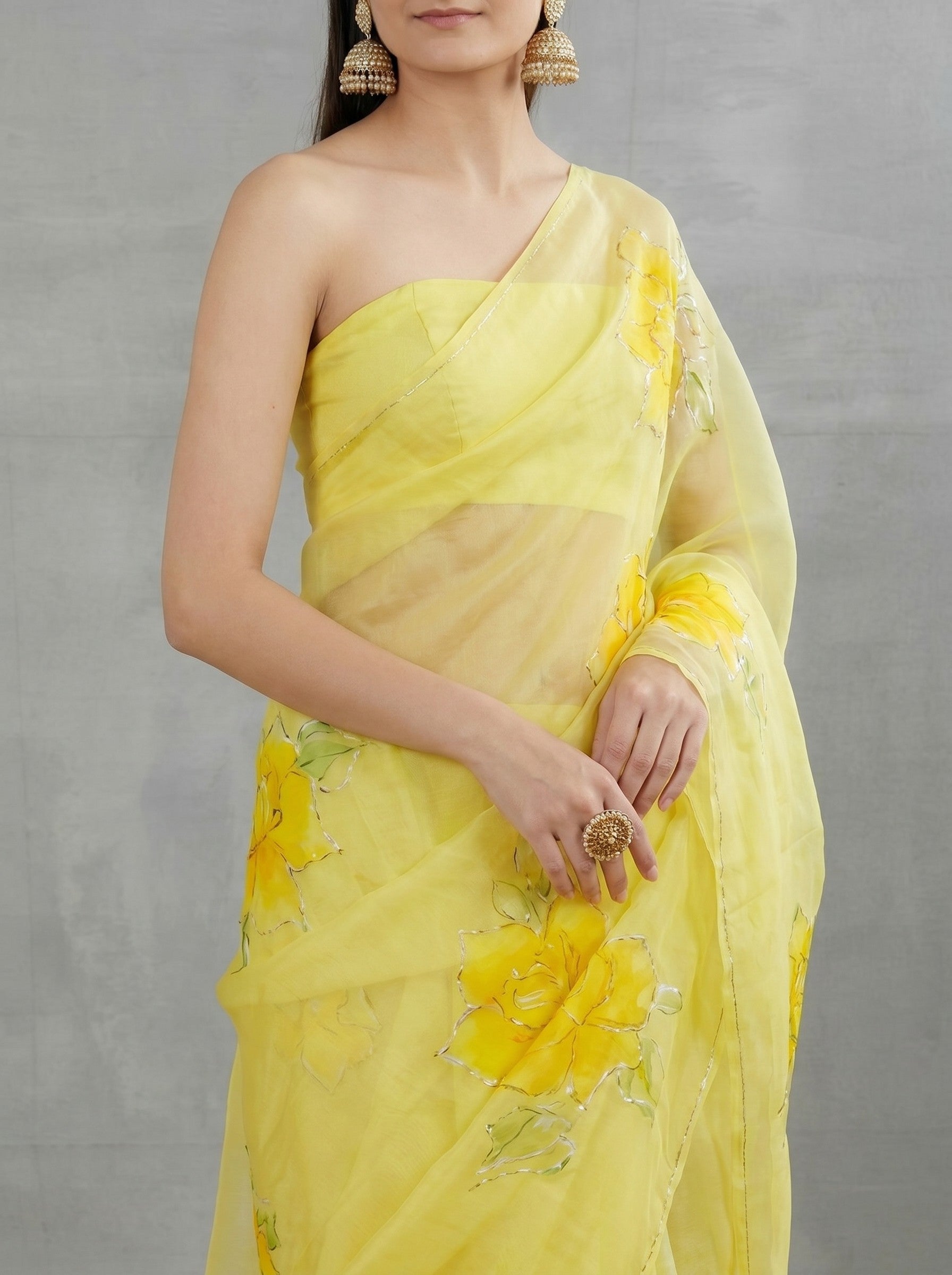 Yellow Floral Chiffon Hand Painted Saree