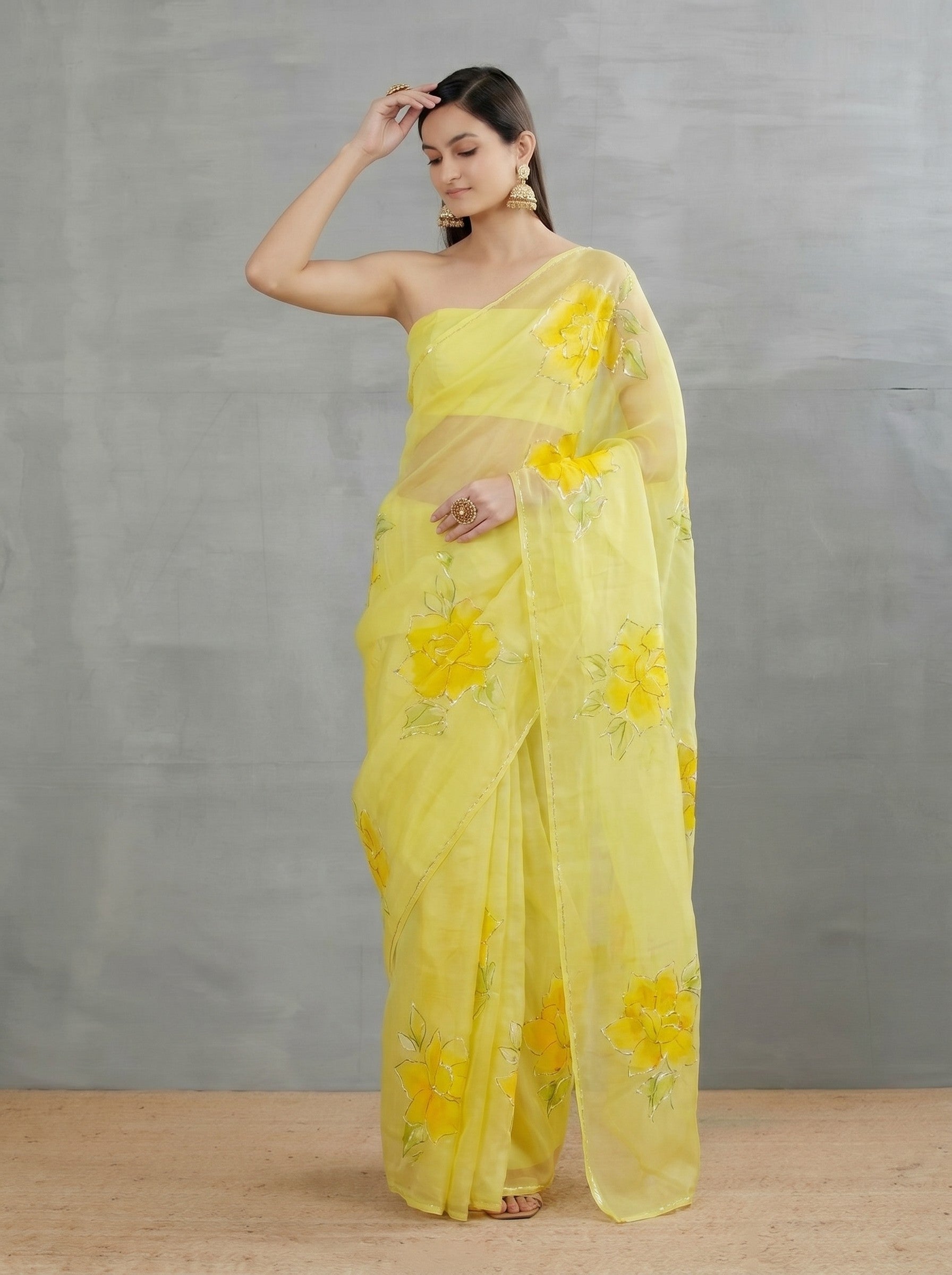 Yellow Floral Chiffon Hand Painted Saree