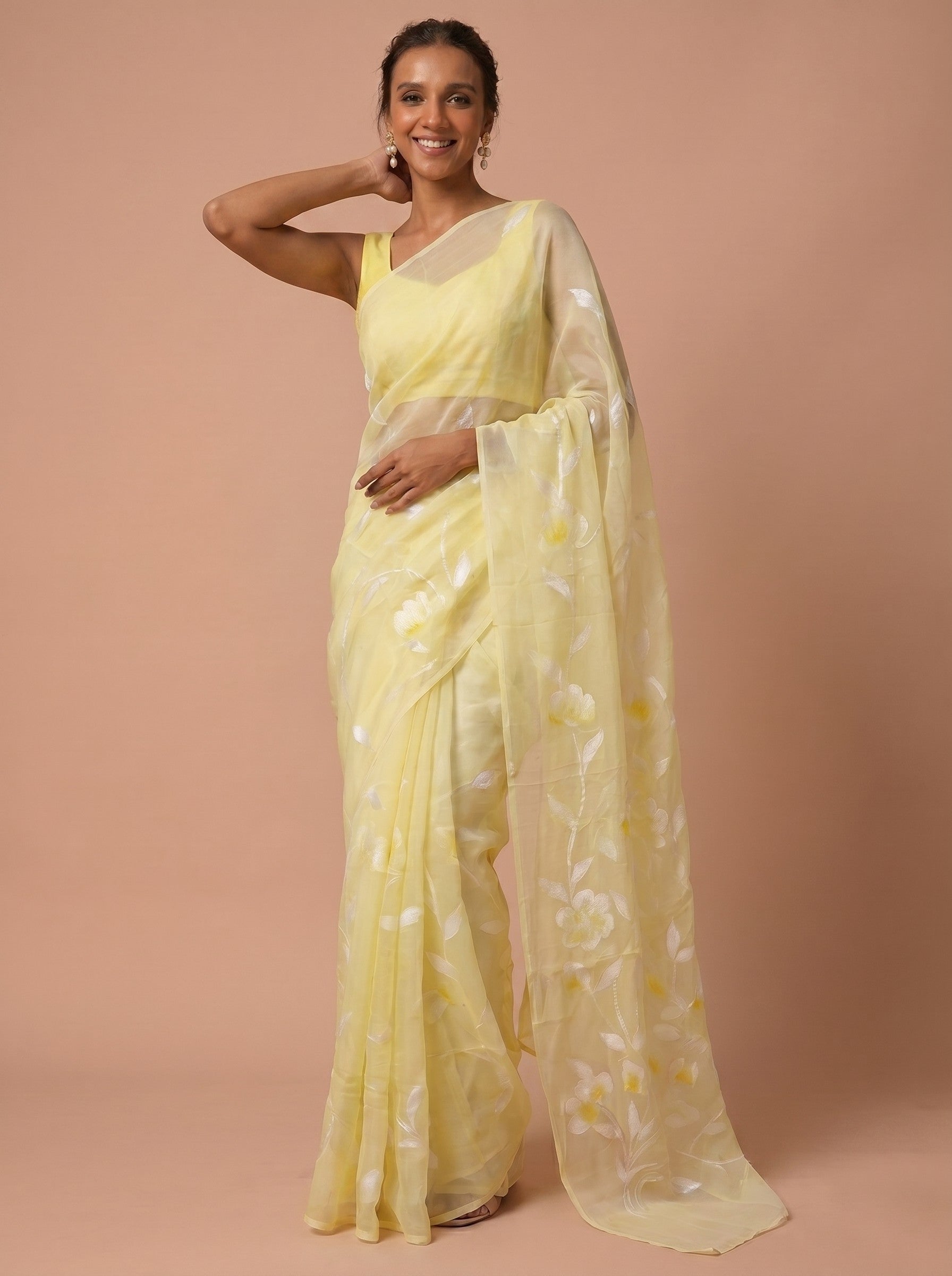 Lemon Yellow & White Floral Chiffon Hand Painted Saree