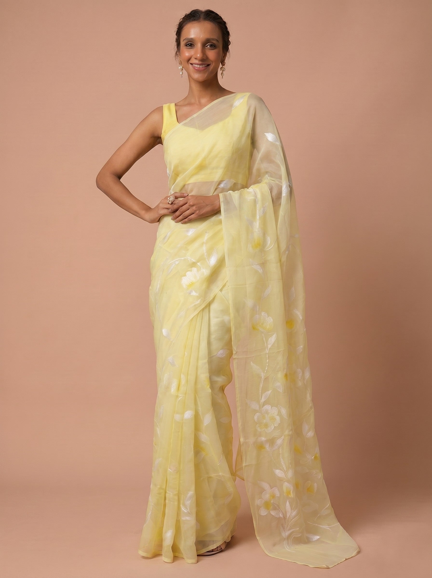 Lemon Yellow & White Floral Chiffon Hand Painted Saree