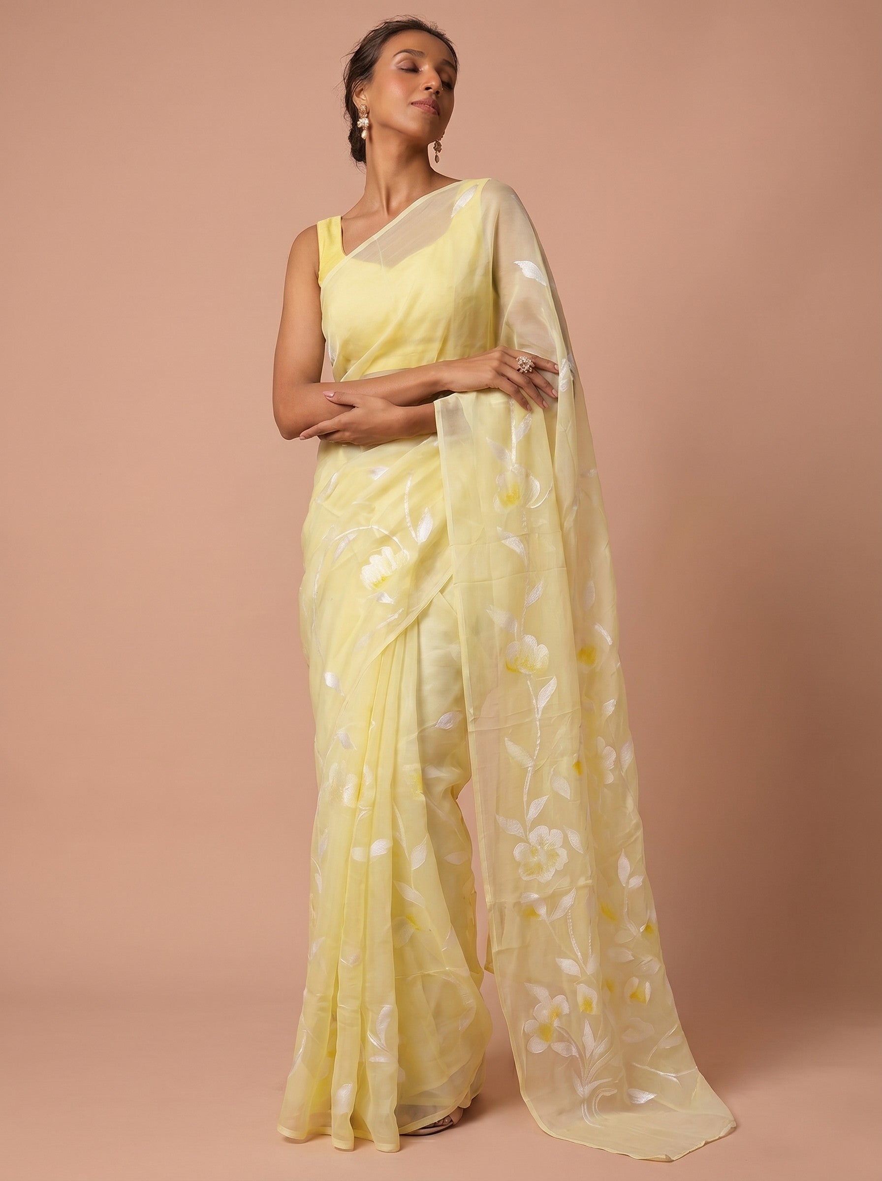 Lemon Yellow & White Floral Chiffon Hand Painted Saree