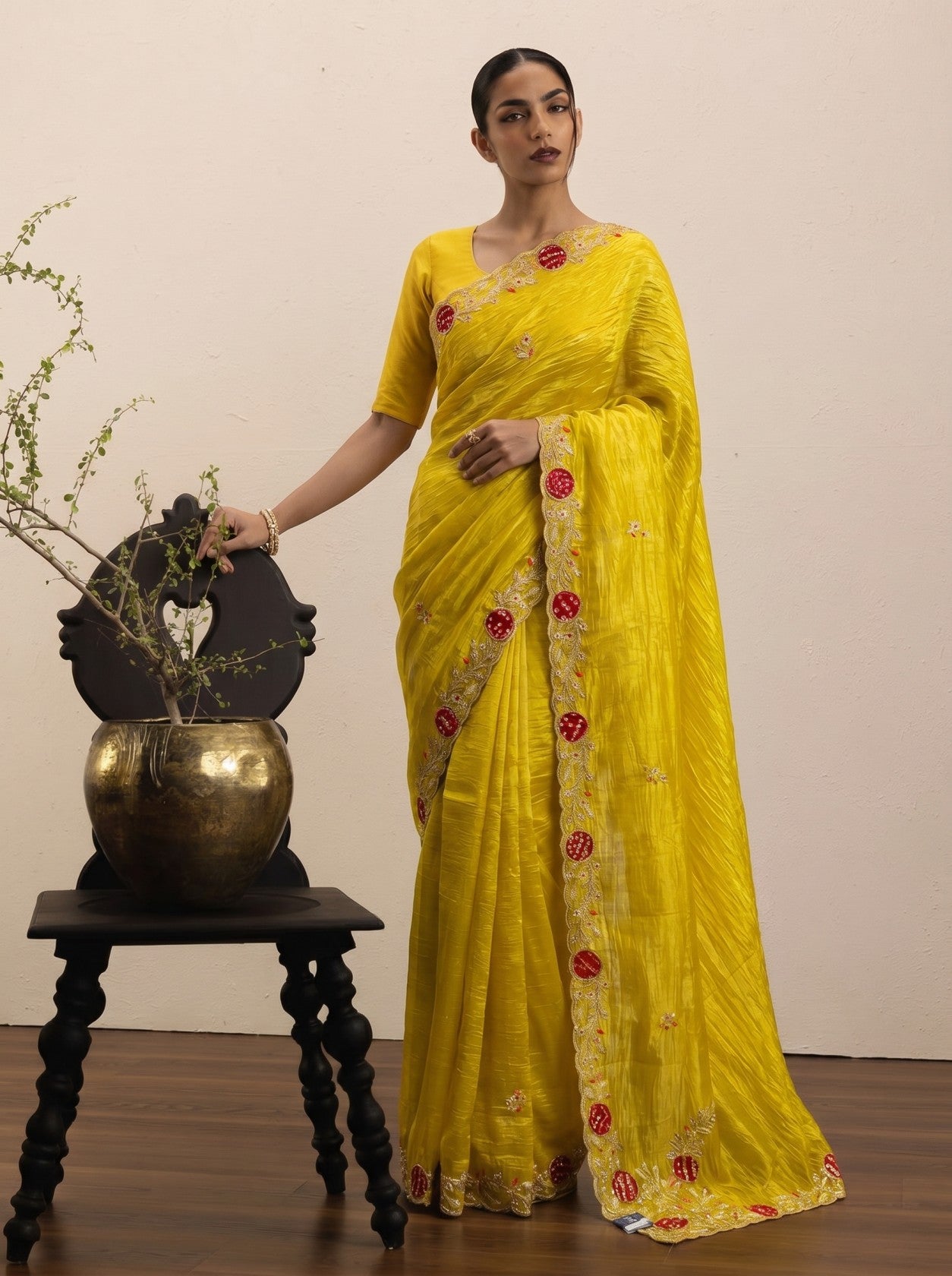 Yellow Bandhej Border Work Saree