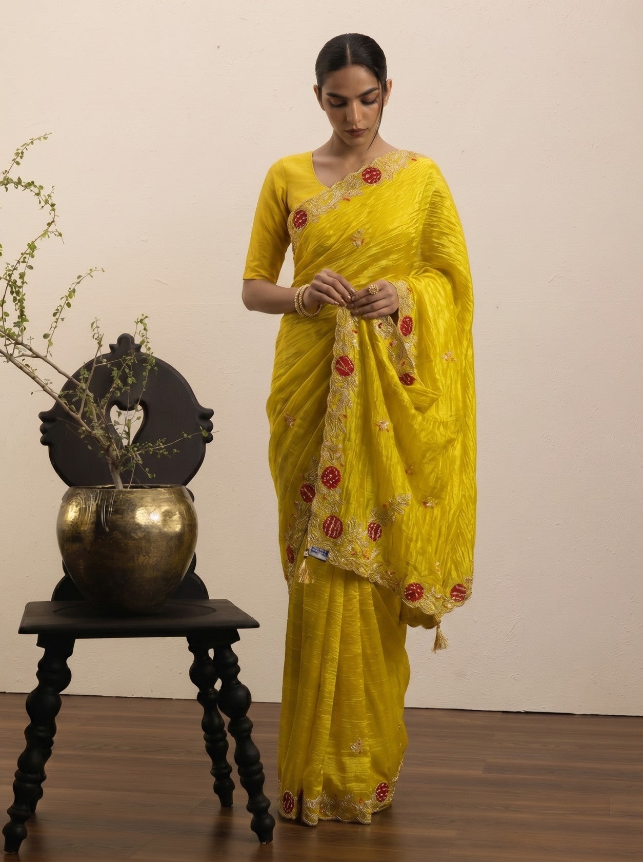 Yellow Bandhej Border Work Saree