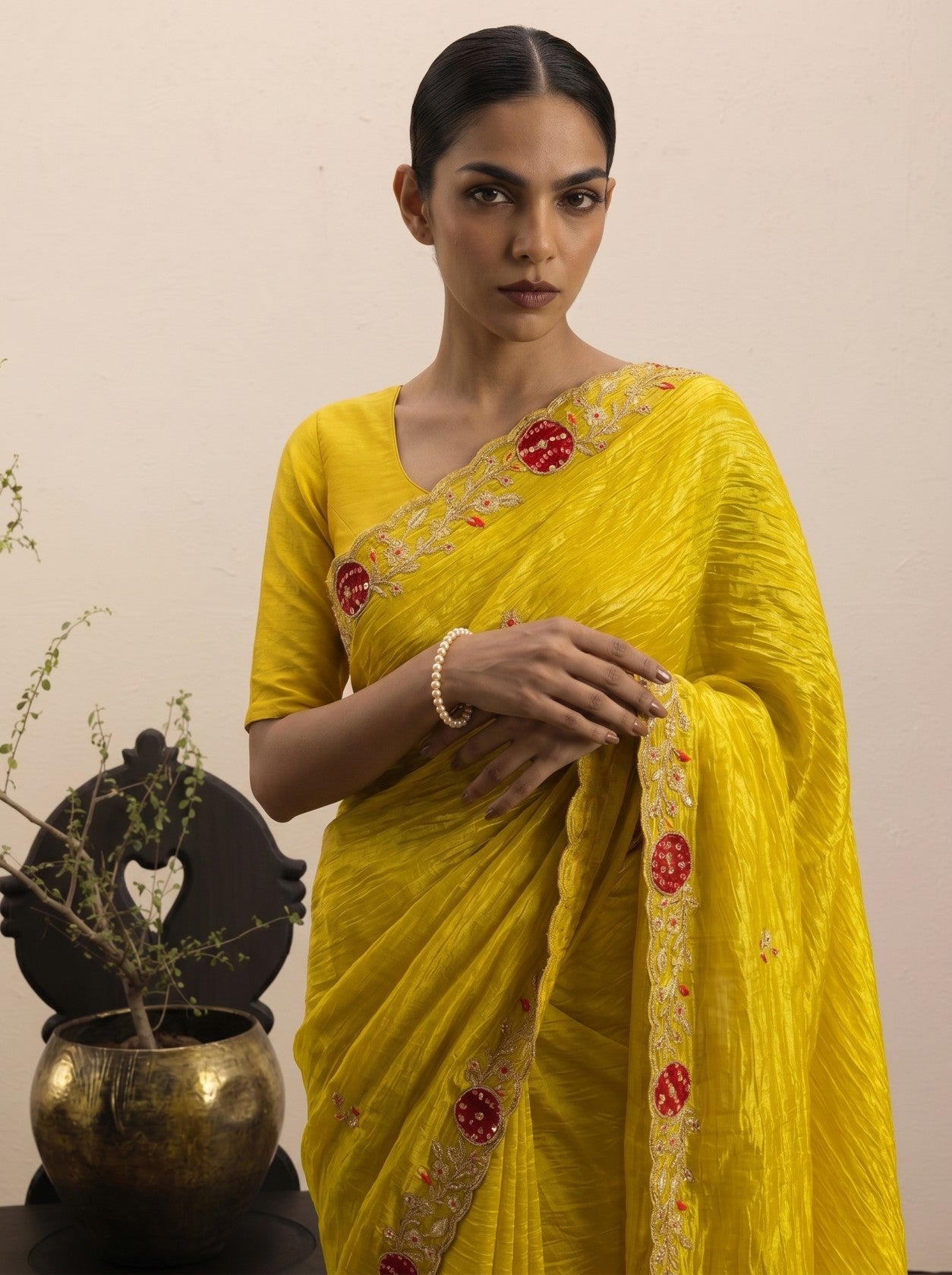 Yellow Bandhej Border Work Saree