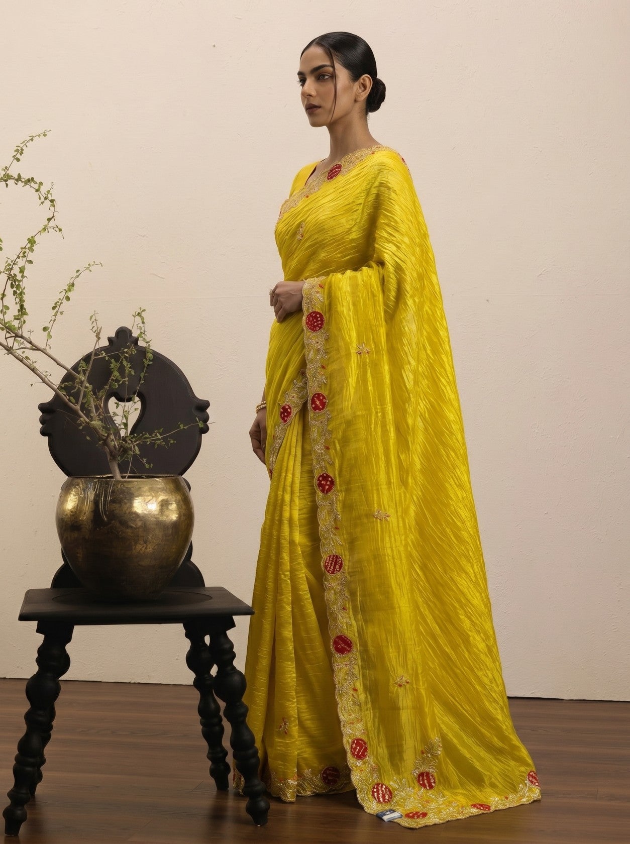 Yellow Bandhej Border Work Saree