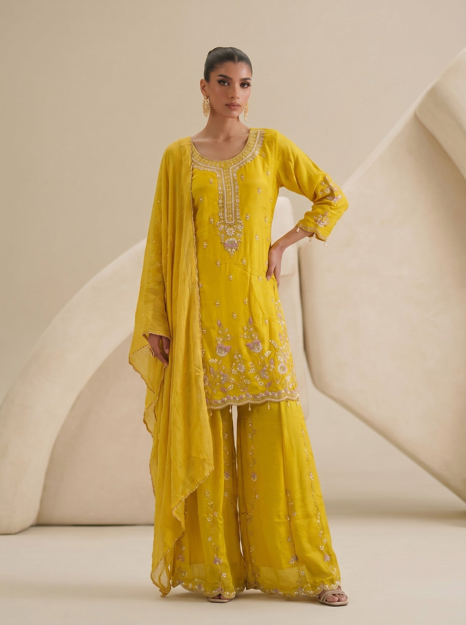 Yellow Sharara Handwork Suit Set With Dupatta