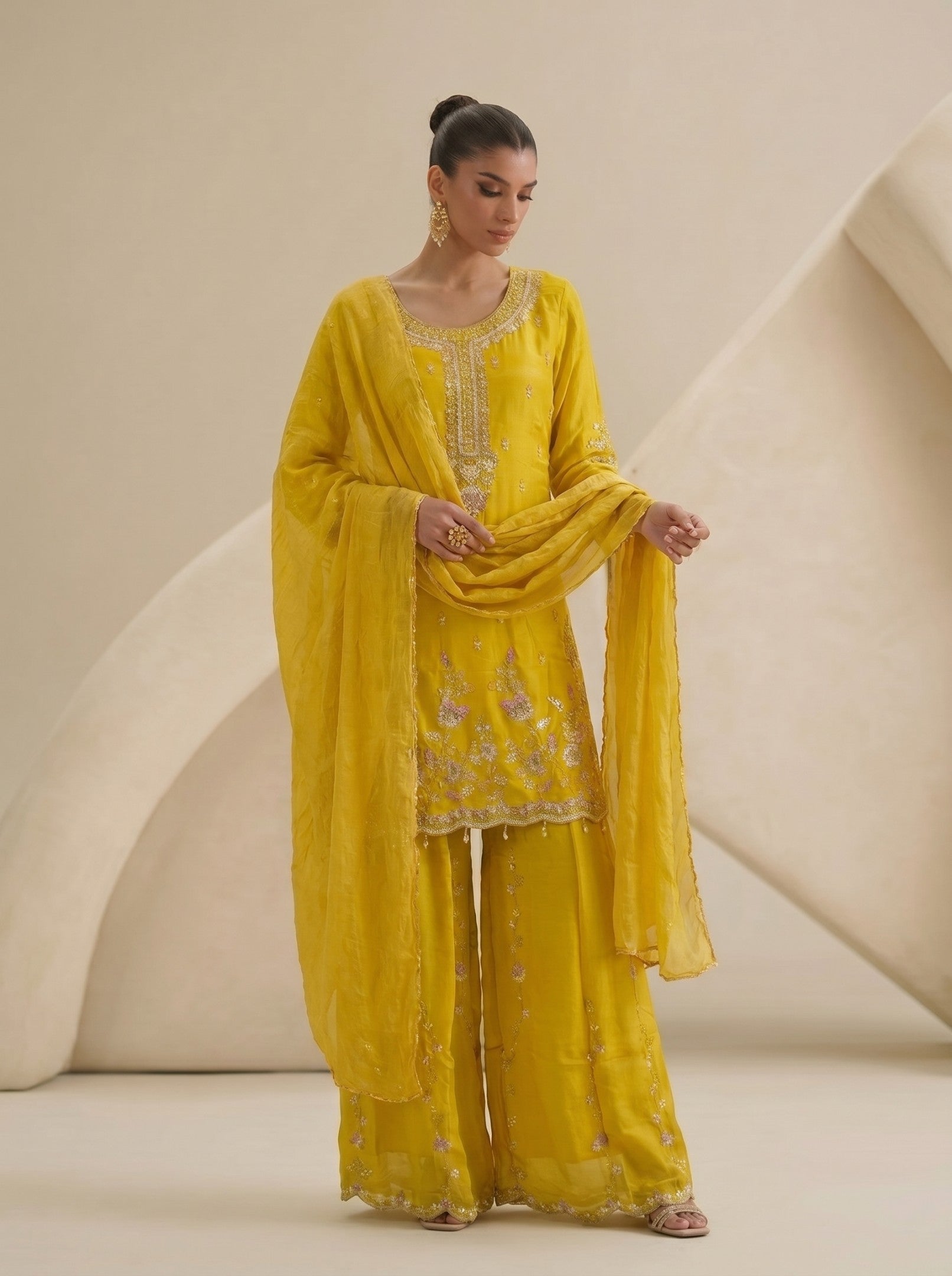 Yellow Sharara Handwork Suit Set With Dupatta