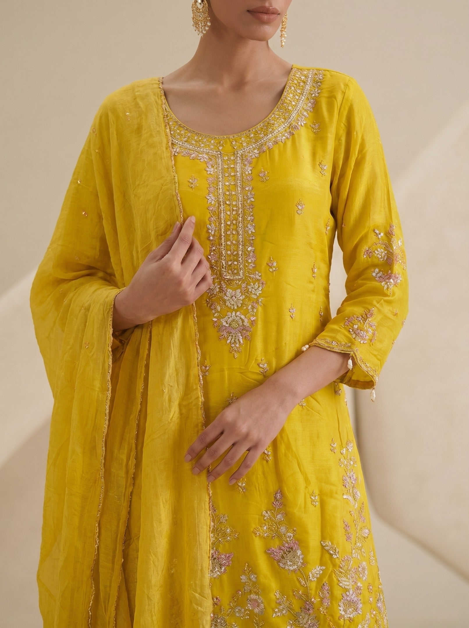 Yellow Sharara Handwork Suit Set With Dupatta