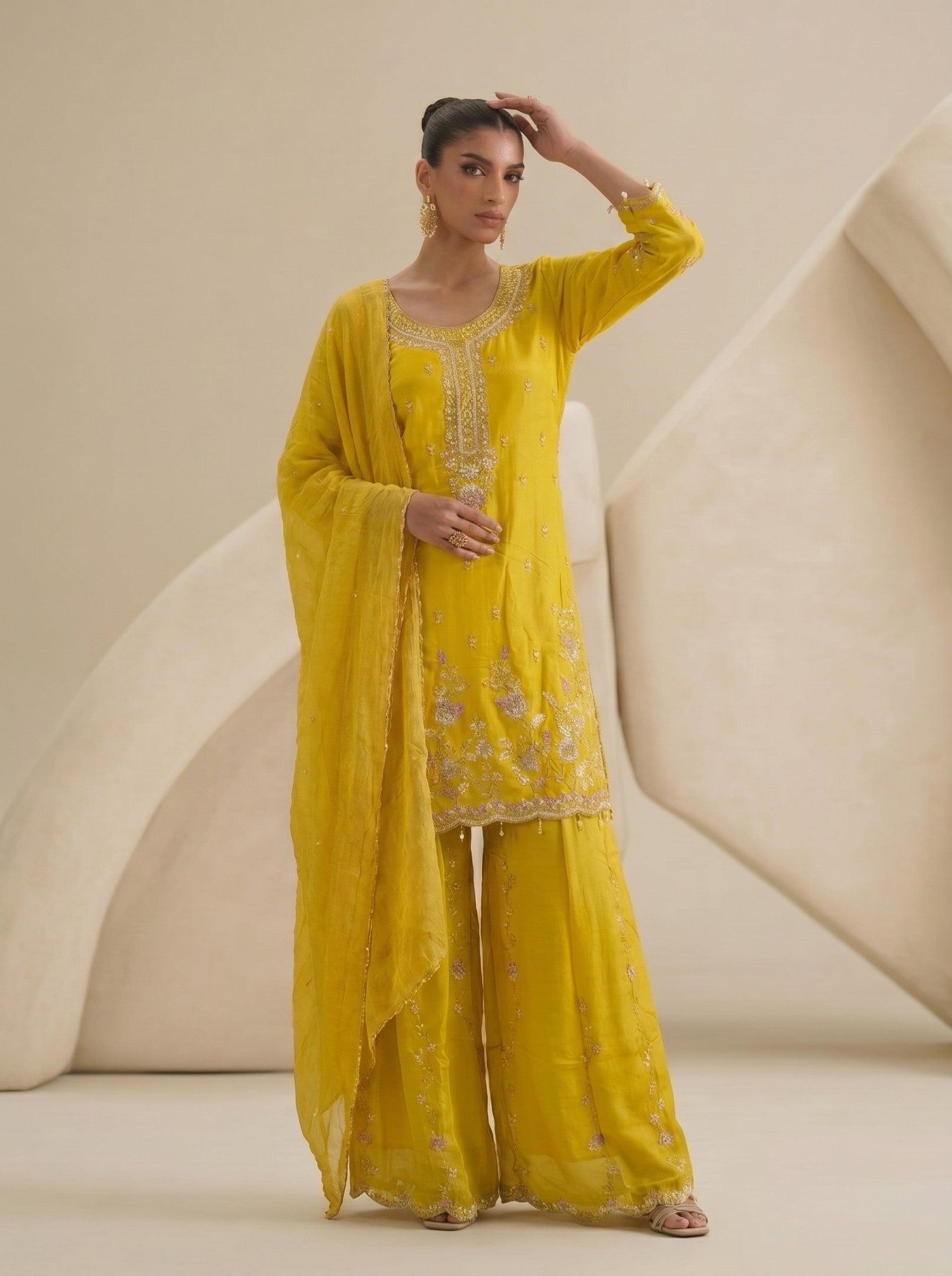 Yellow Sharara Handwork Suit Set With Dupatta