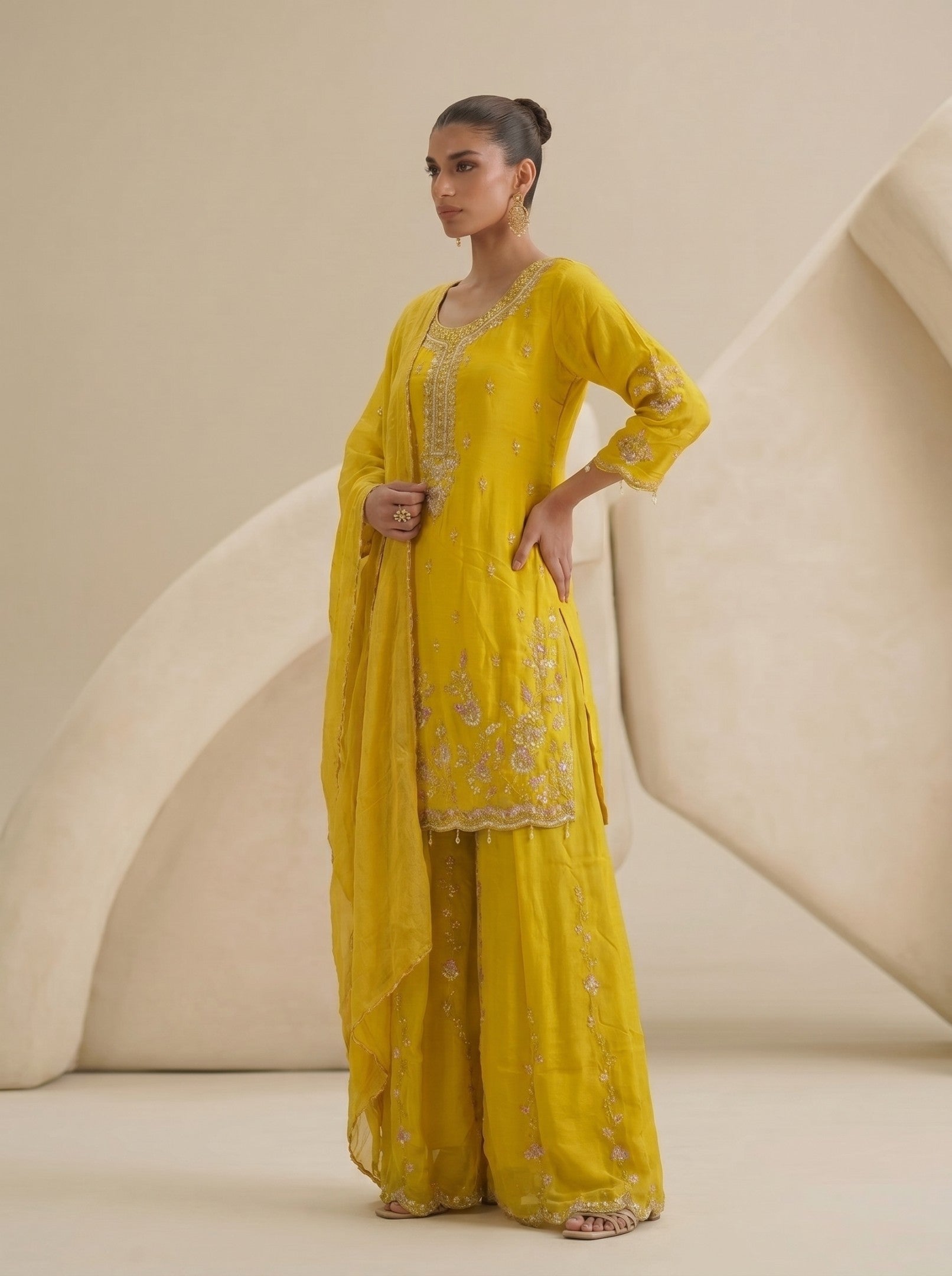 Yellow Sharara Handwork Suit Set With Dupatta