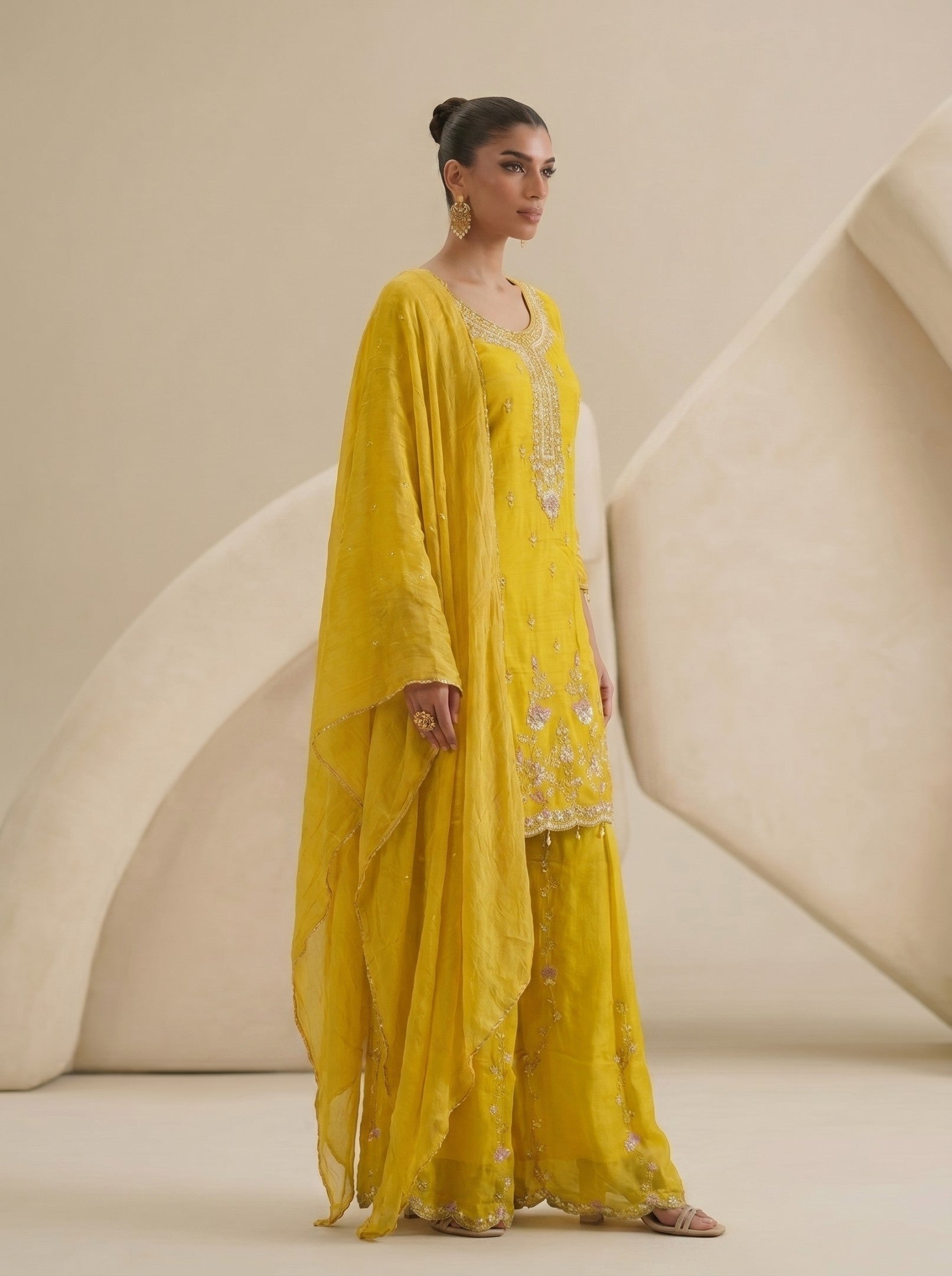 Yellow Sharara Handwork Suit Set With Dupatta